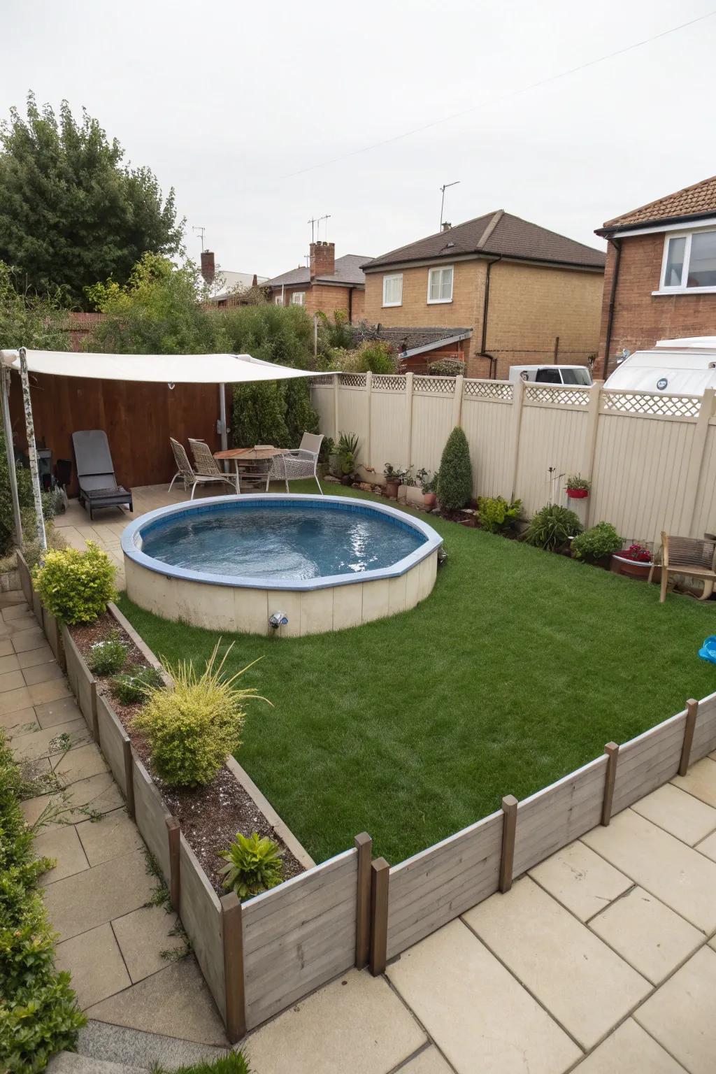 A cleverly structured small above-ground pool area.