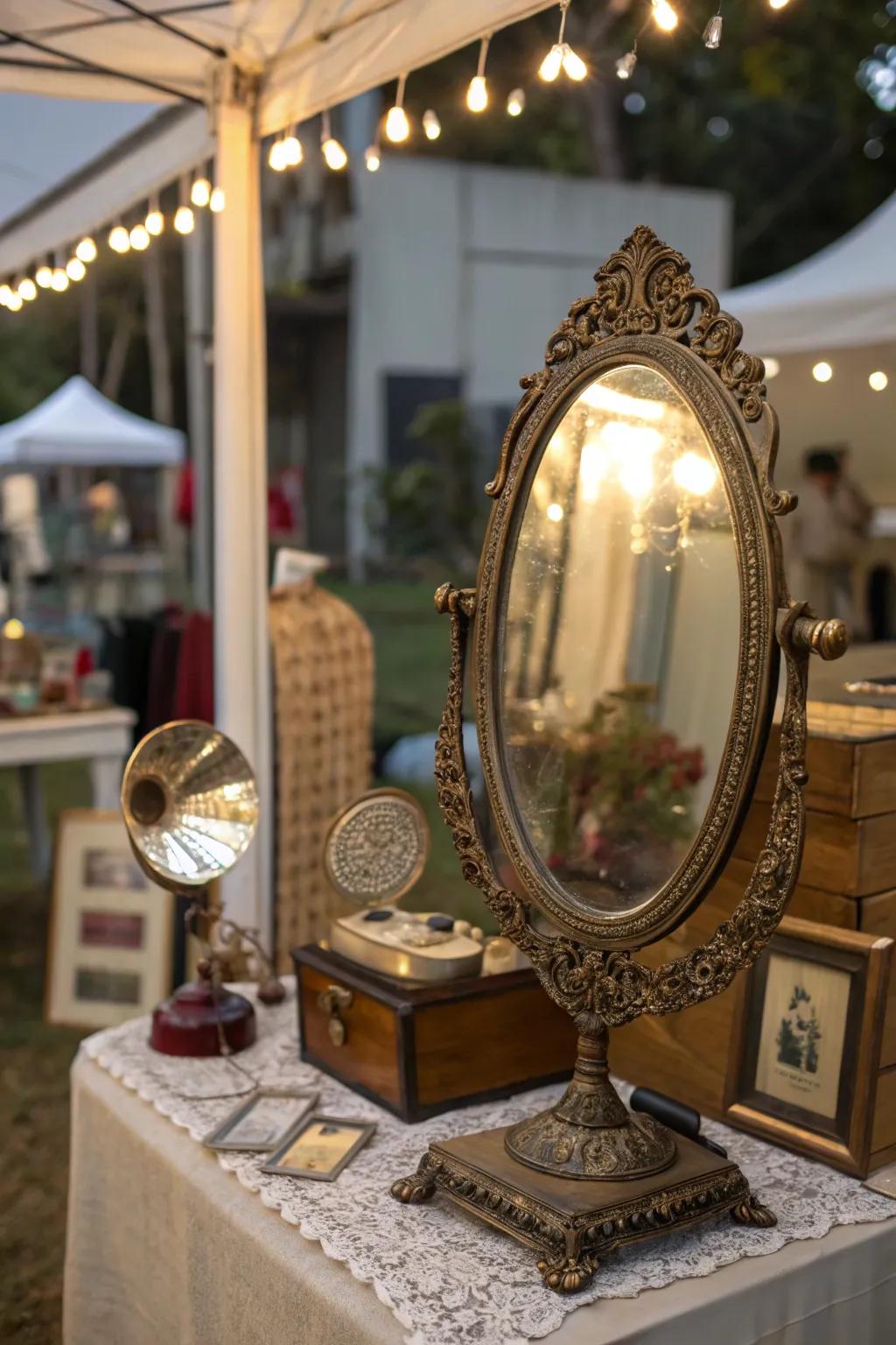 Decorated antique reflector creating dimension and elegance