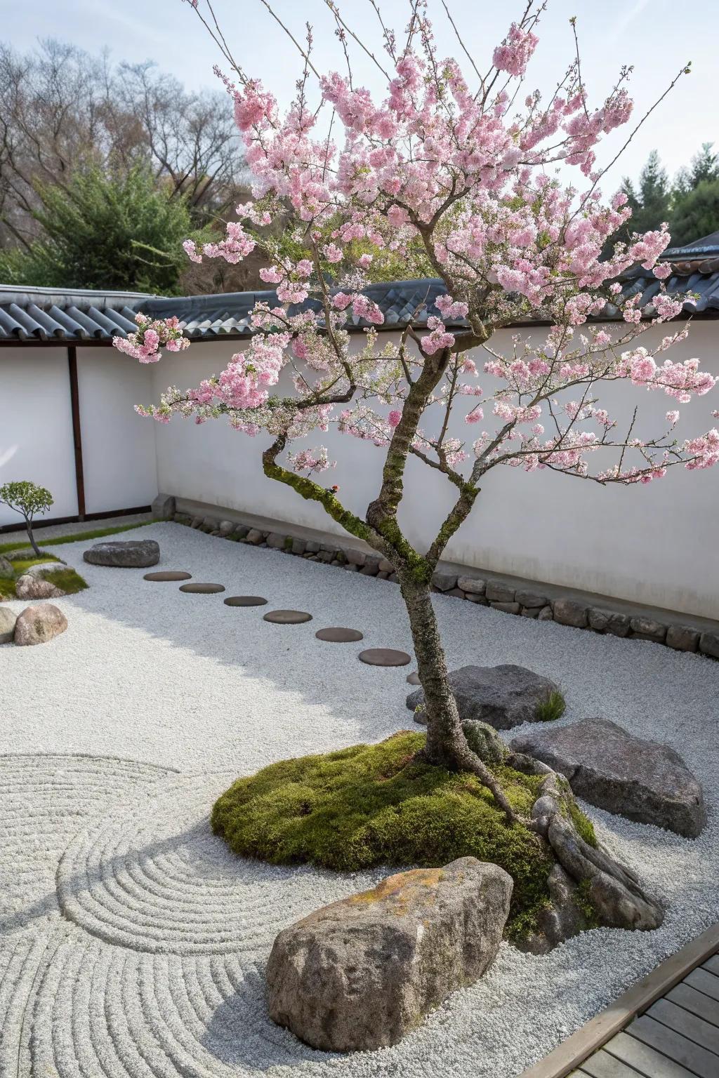 A zen garden with a small pink bloom tree in full bloom, enhancing seasonal beauty.