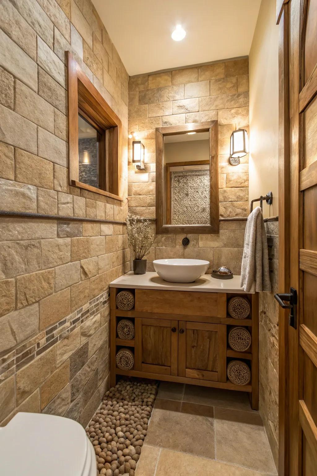 Rock tiles establish a serene, nature-inspired atmosphere.
