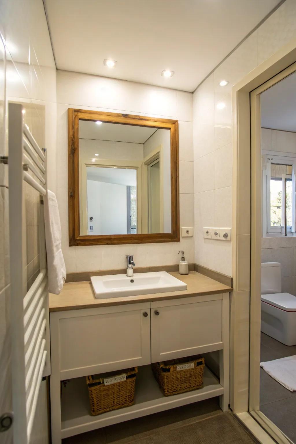 Expansive reflectors create the illusion of a more extensive bathroom.