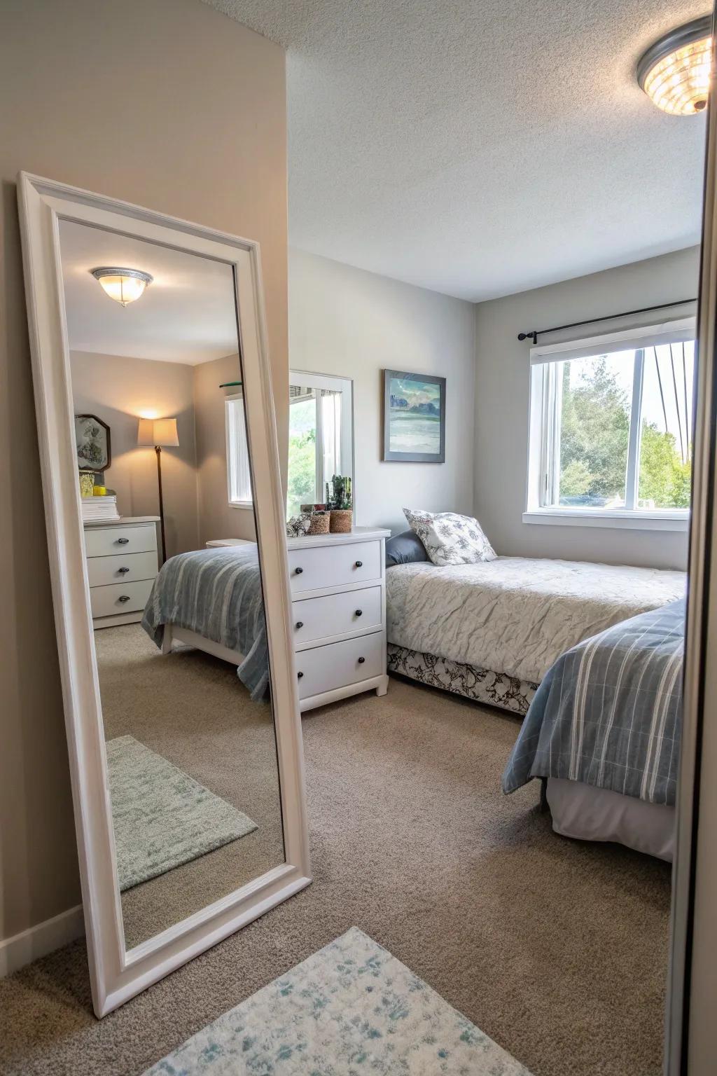 A small bedroom enhanced with mirrors to create the perception of expanded space.