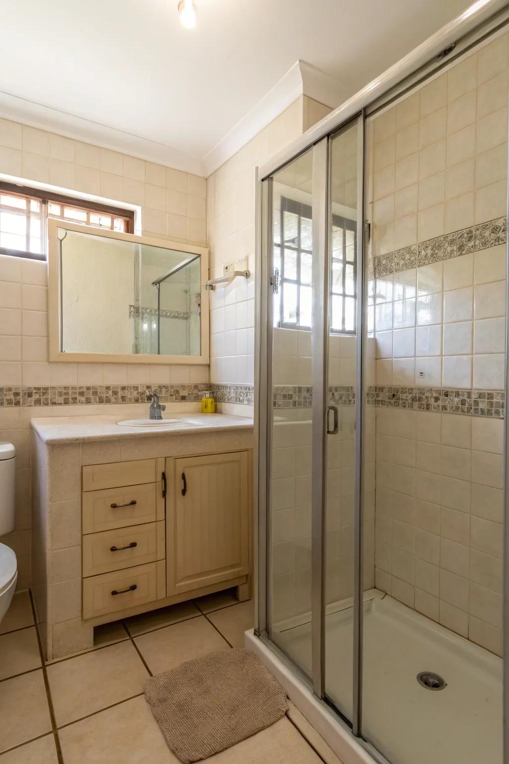 A small bathroom featuring a smooth glass shower stall.