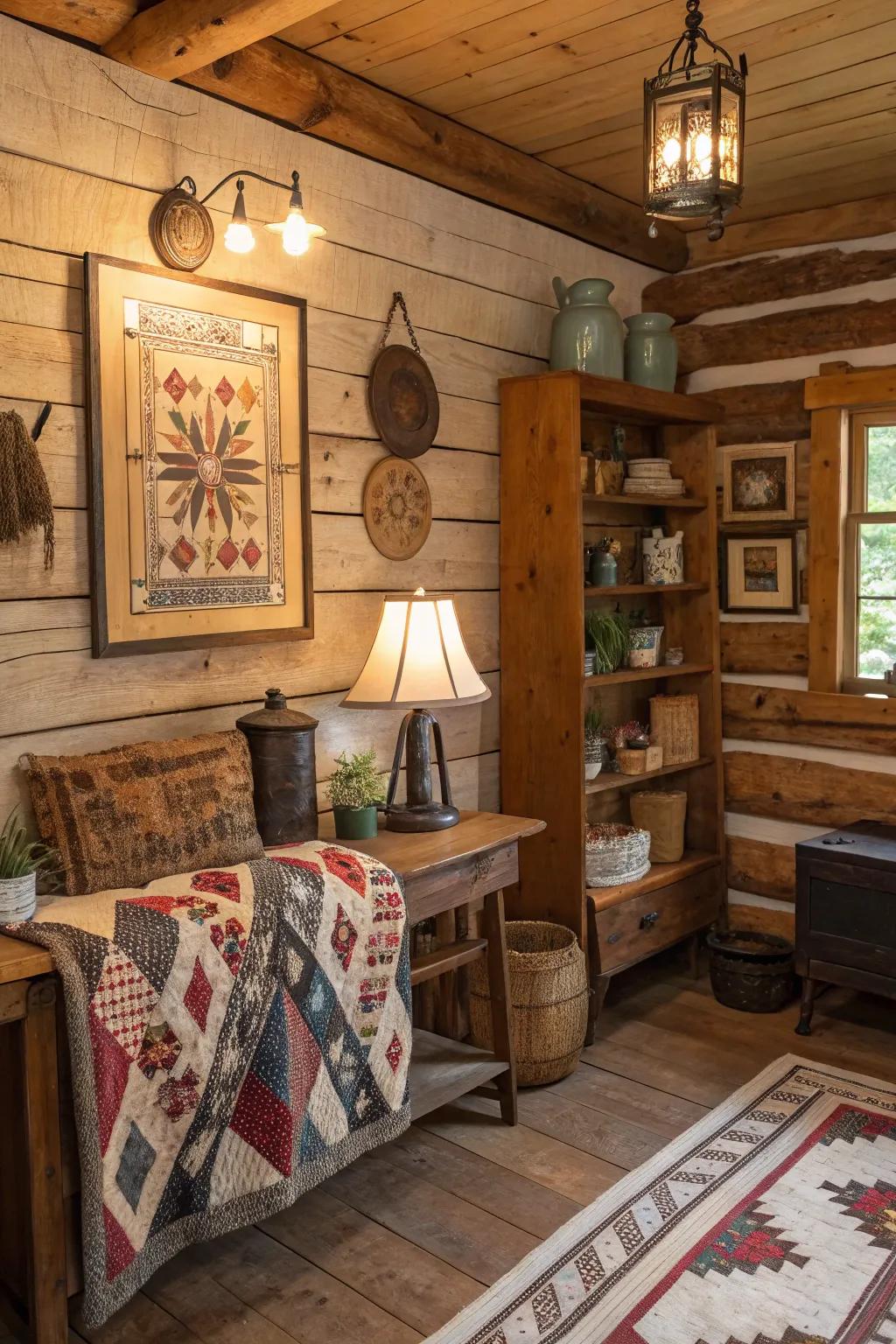 A cabin interior showcasing vintage and handcrafted decorations.