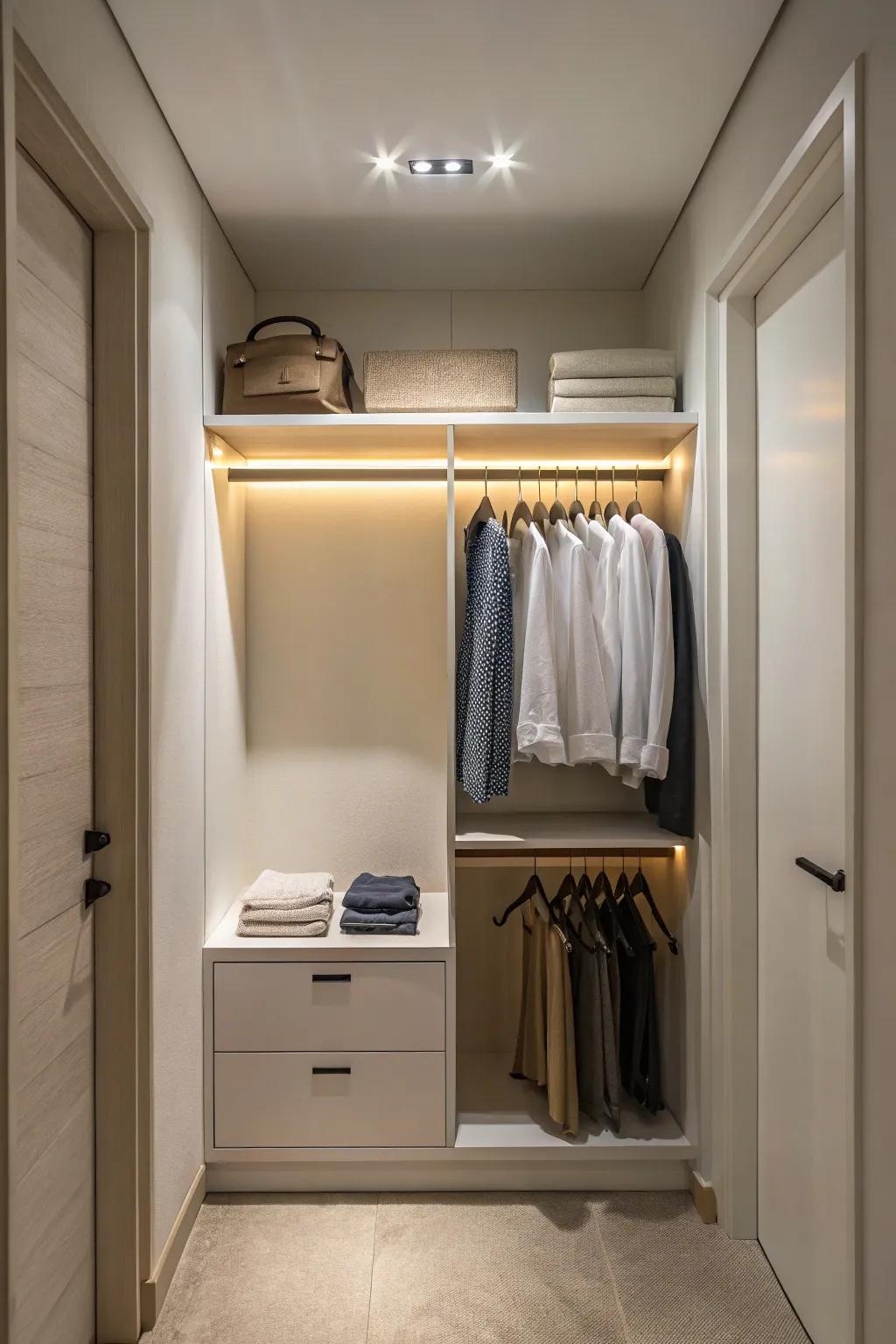 Minimalist lighting complements a tidy closet.