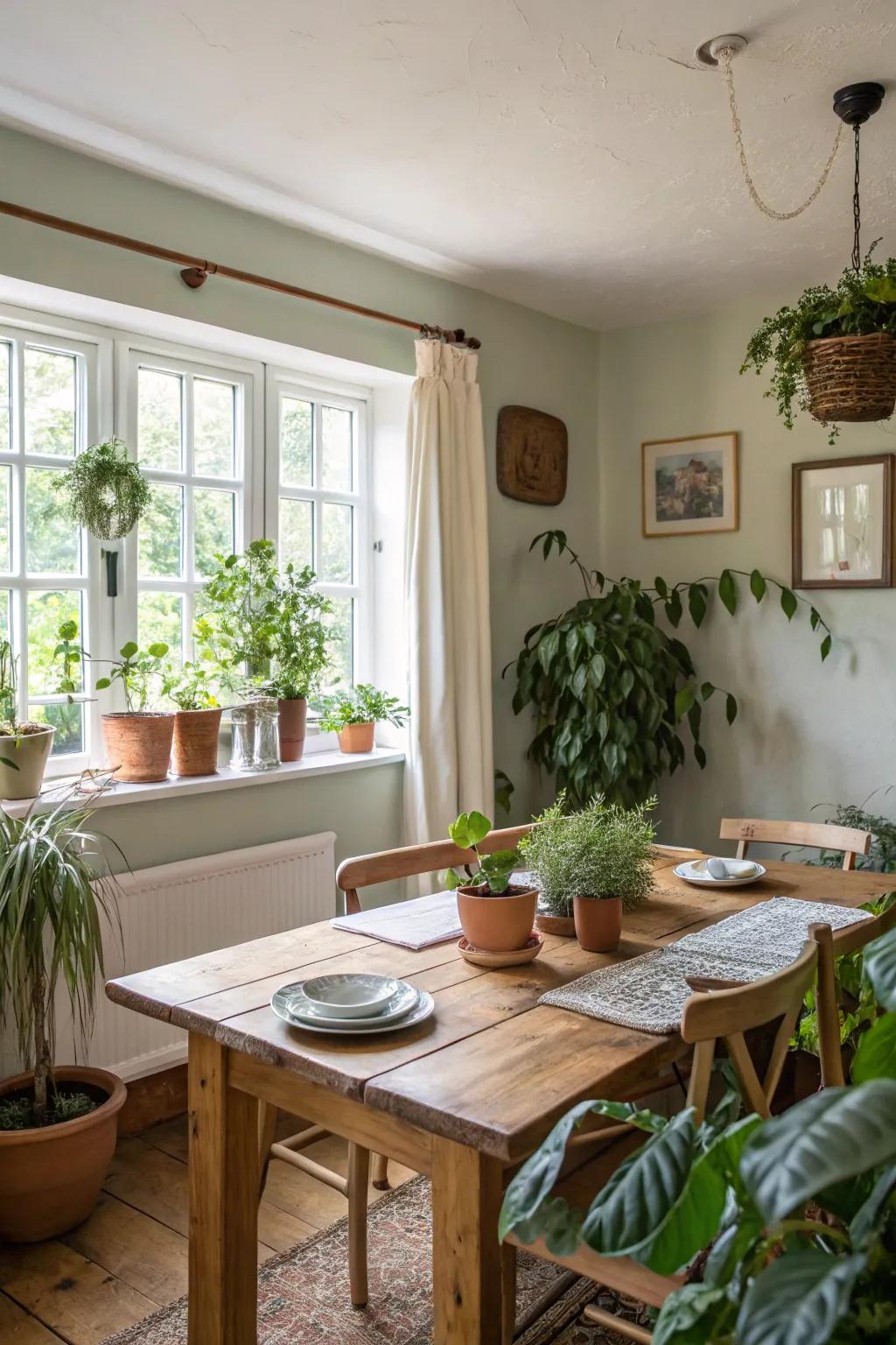 Plants breathe vitality into a meal space.