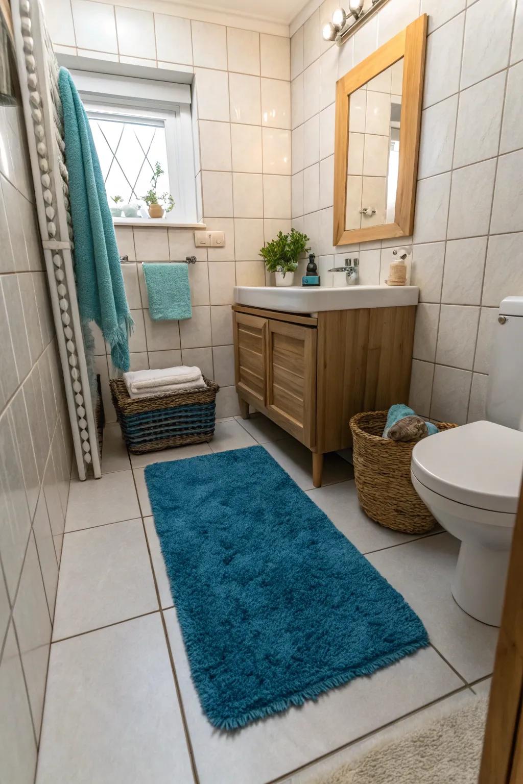 A plush blue rug contributes warmth and color to the bathroom floor.