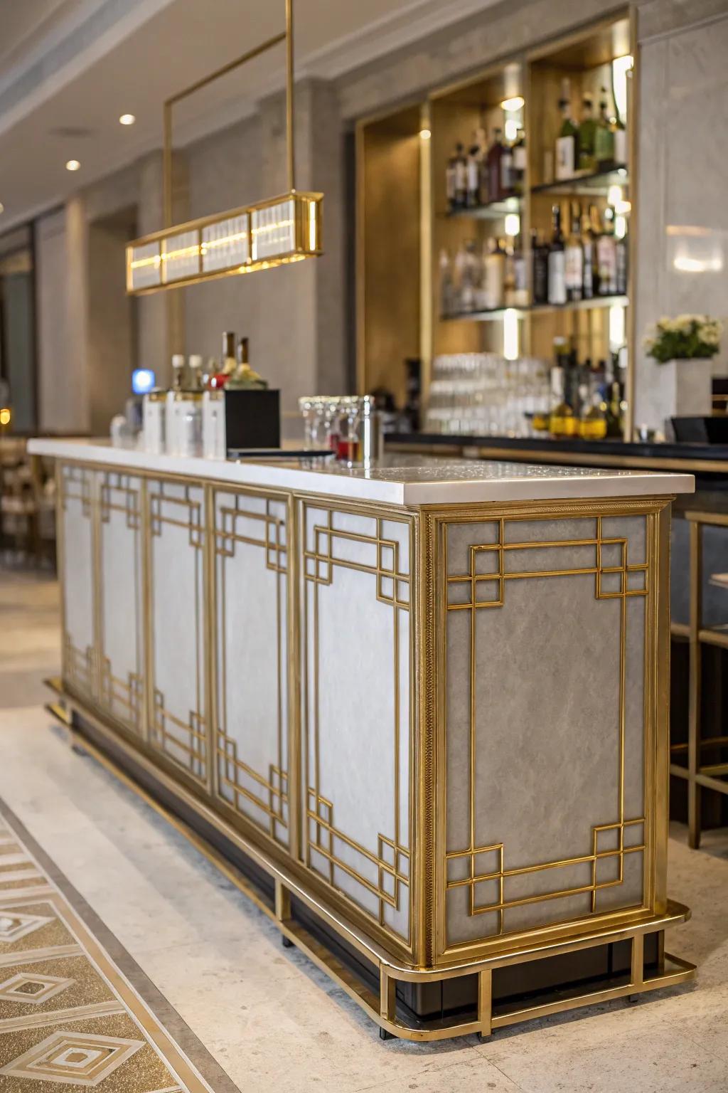 Metallic embellishments impart allure to a dry bar.