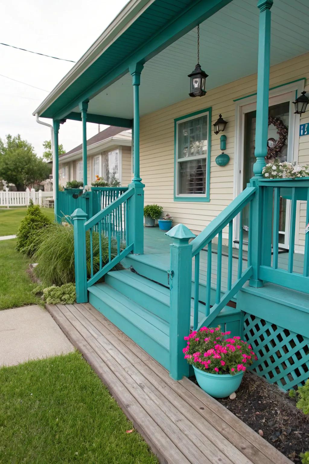 Turquoise details create synergy with the residence's facade.