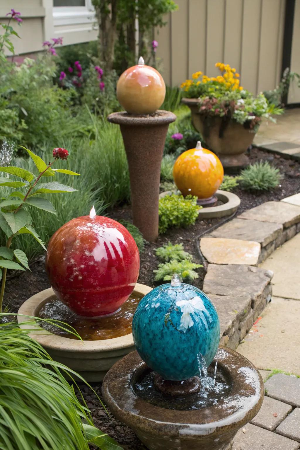 Fired clay globes deliver a vibrant, artistic water display.