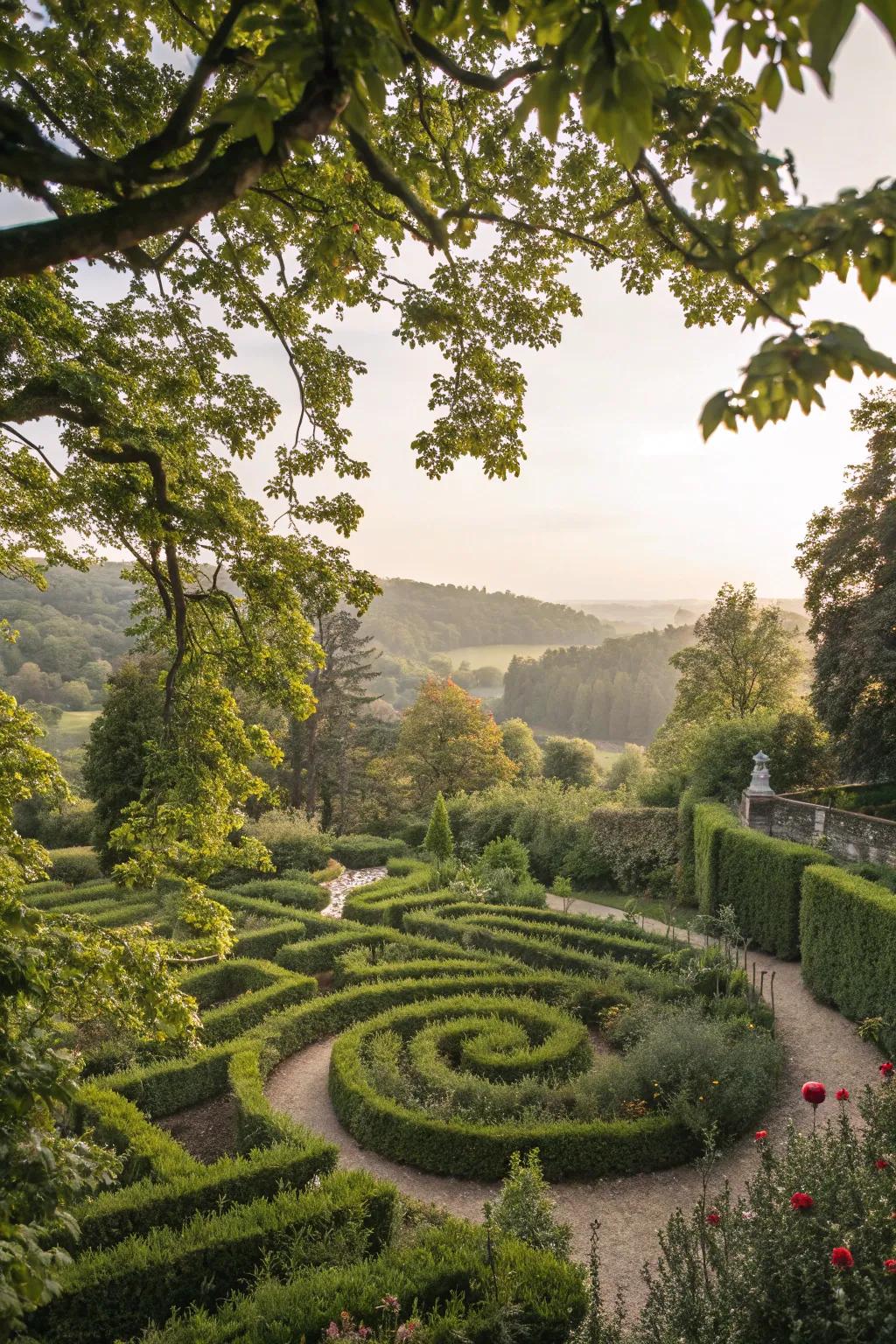 A garden labyrinth impeccably harmonized with native surroundings.