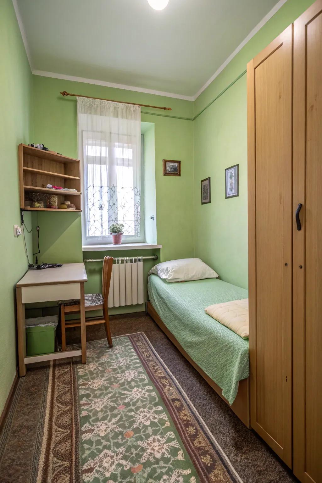 A tidy arrangement optimizes space in a small bedroom.