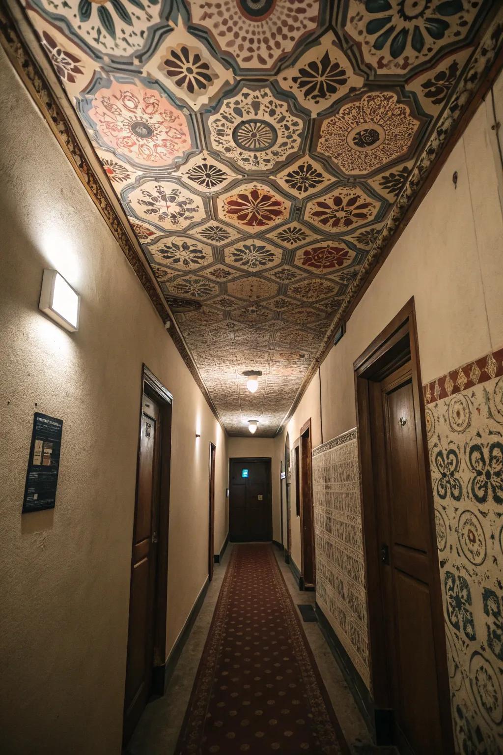 An exclusive ceiling design can serve as a striking attribute within a small hallway.
