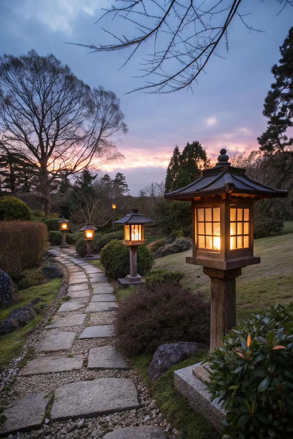 Japanese lights throwing a magical shimmer at twilight.