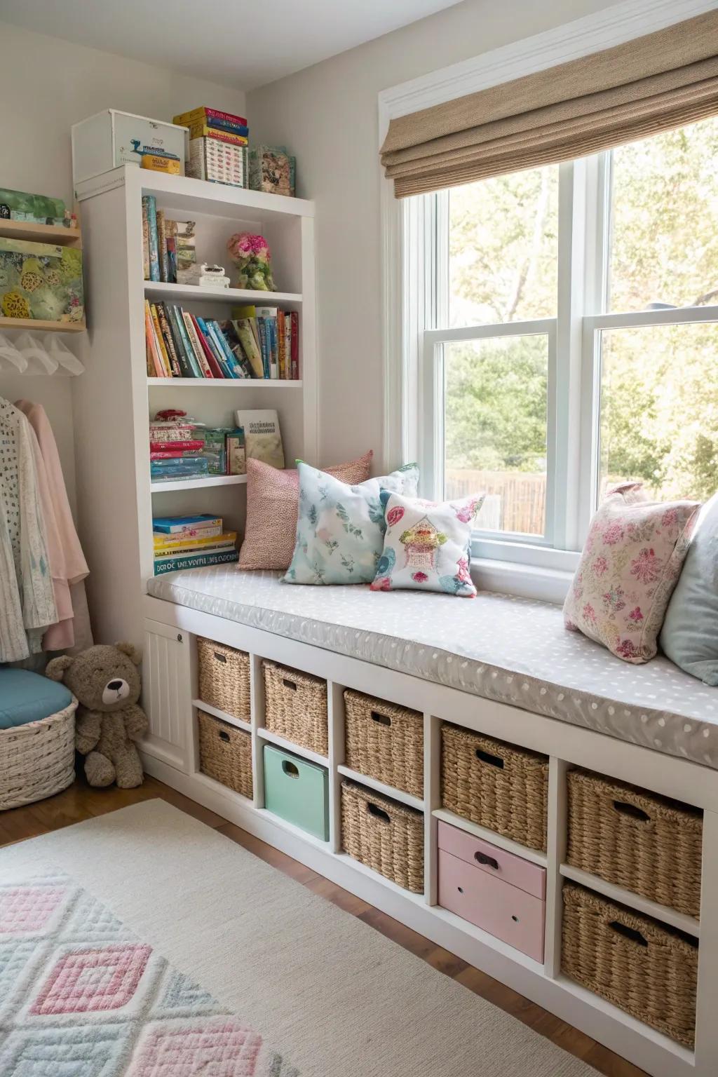 A window nook offers extra storage and a cozy reading space.