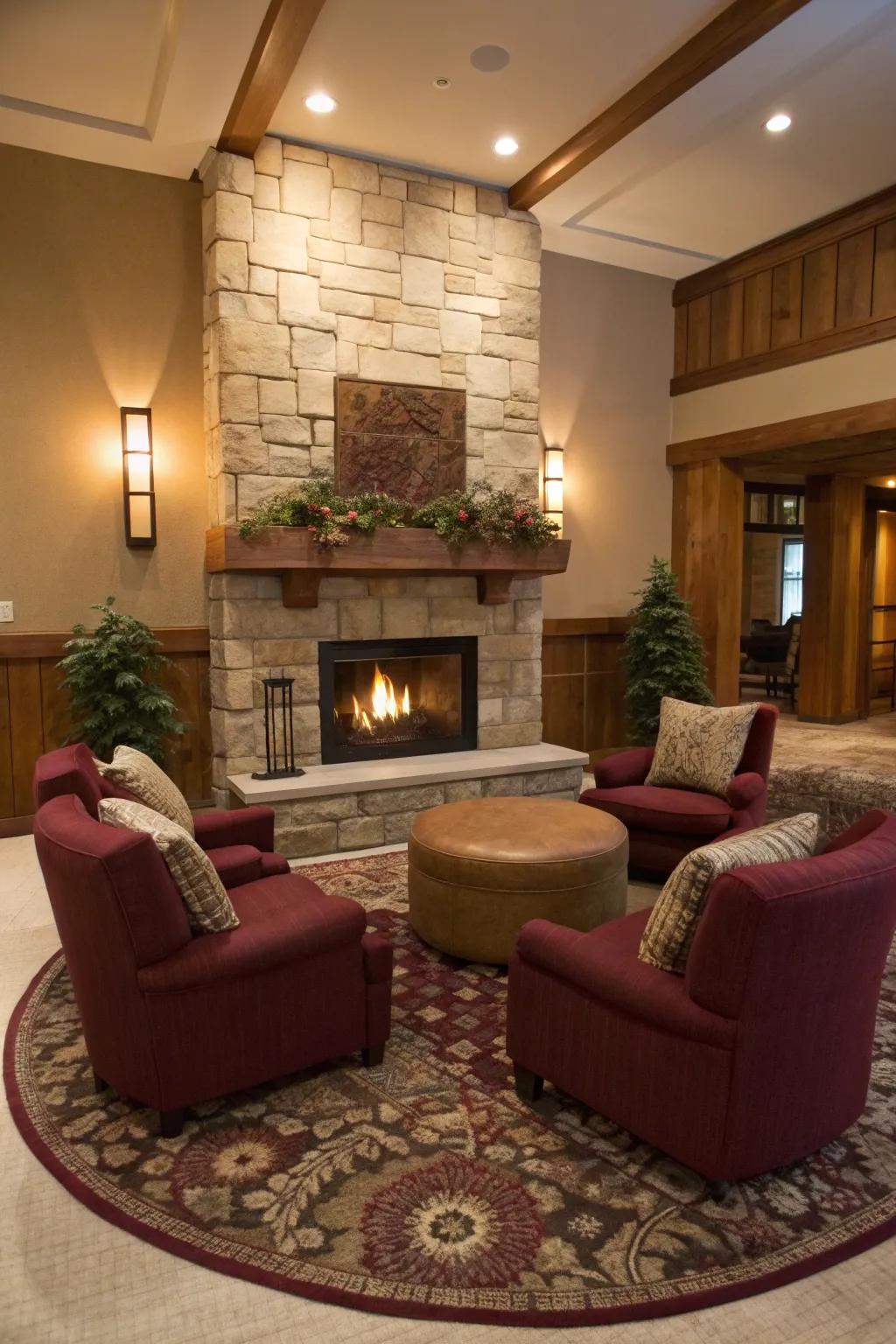A close seating space near the fireplace invites welcoming talks and relaxation.
