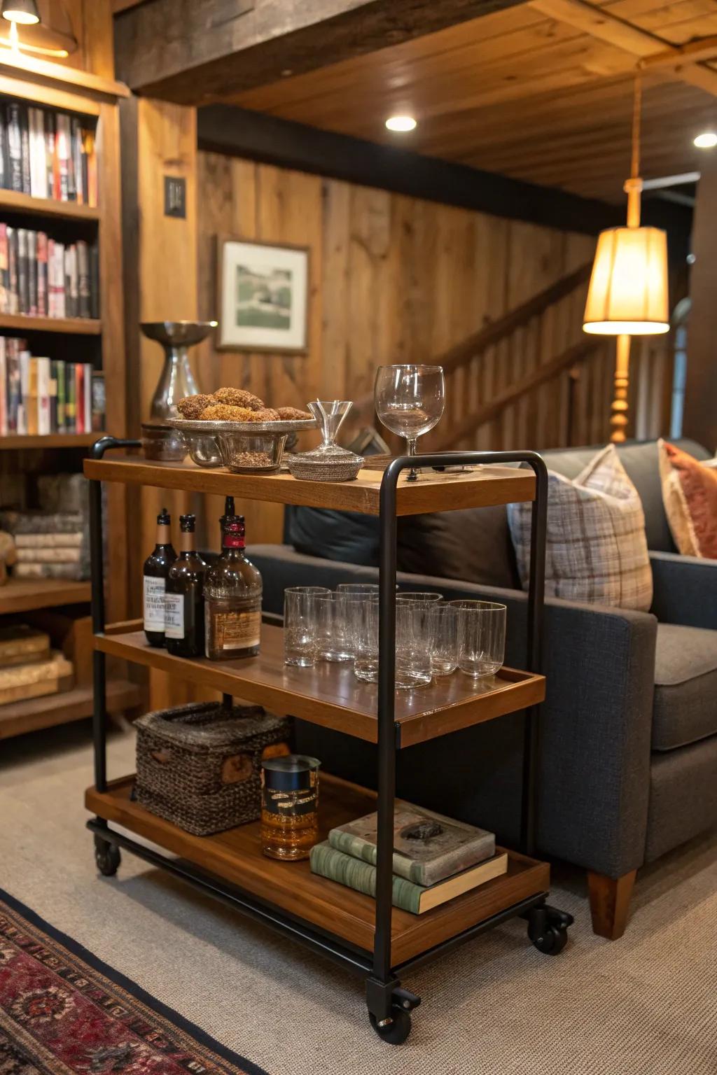 A small bar trolley fashionably fits into a corner, incorporating a hint of sophistication.