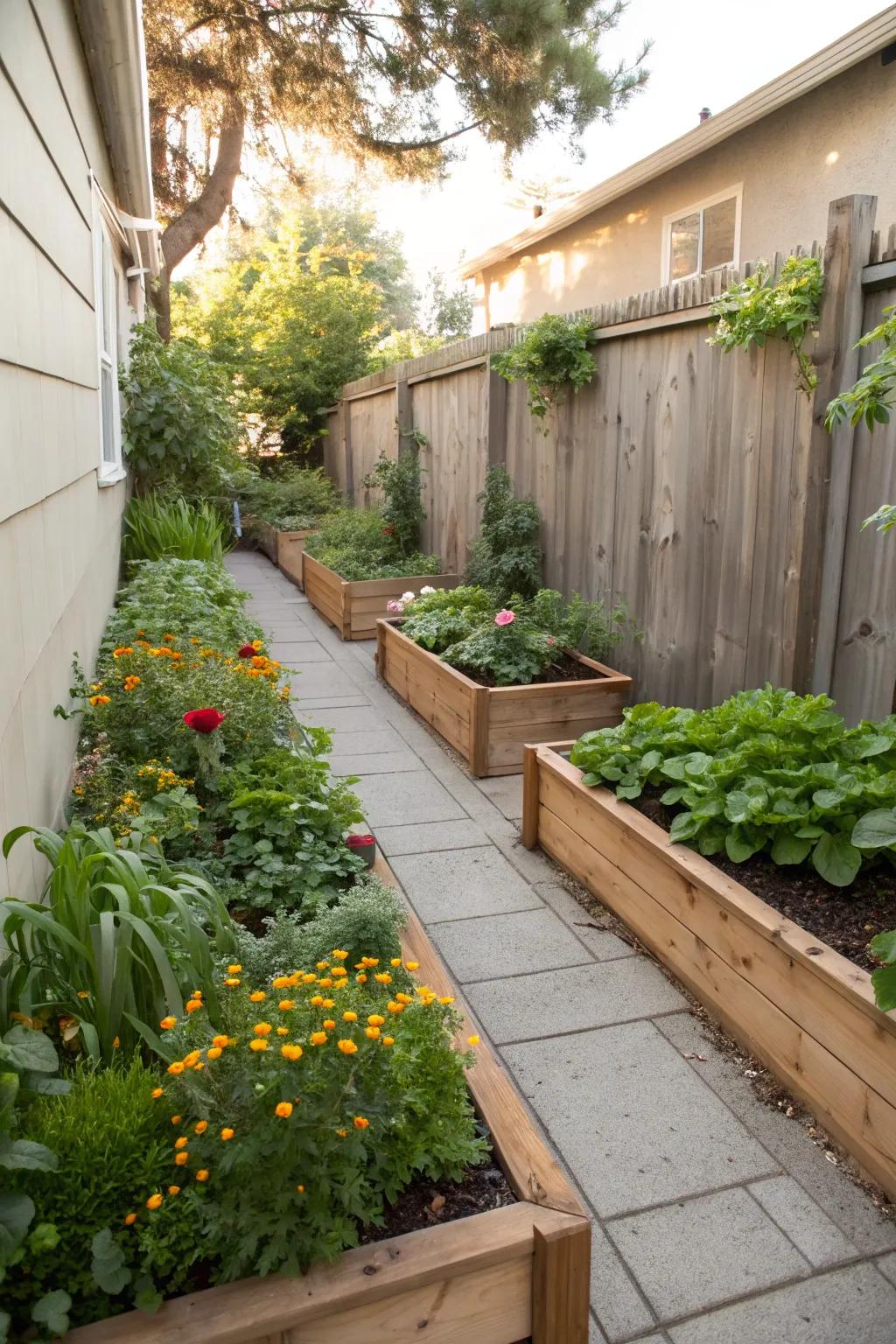 Raised beds build a lush garden area in narrow side yards.