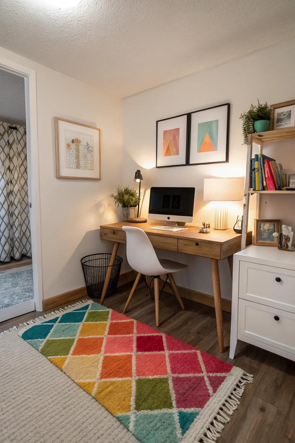 Area rugs provide warmth and define the workspace.