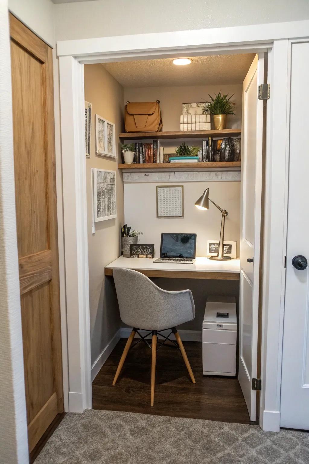A creatively converted storage room transformed into an efficient office.
