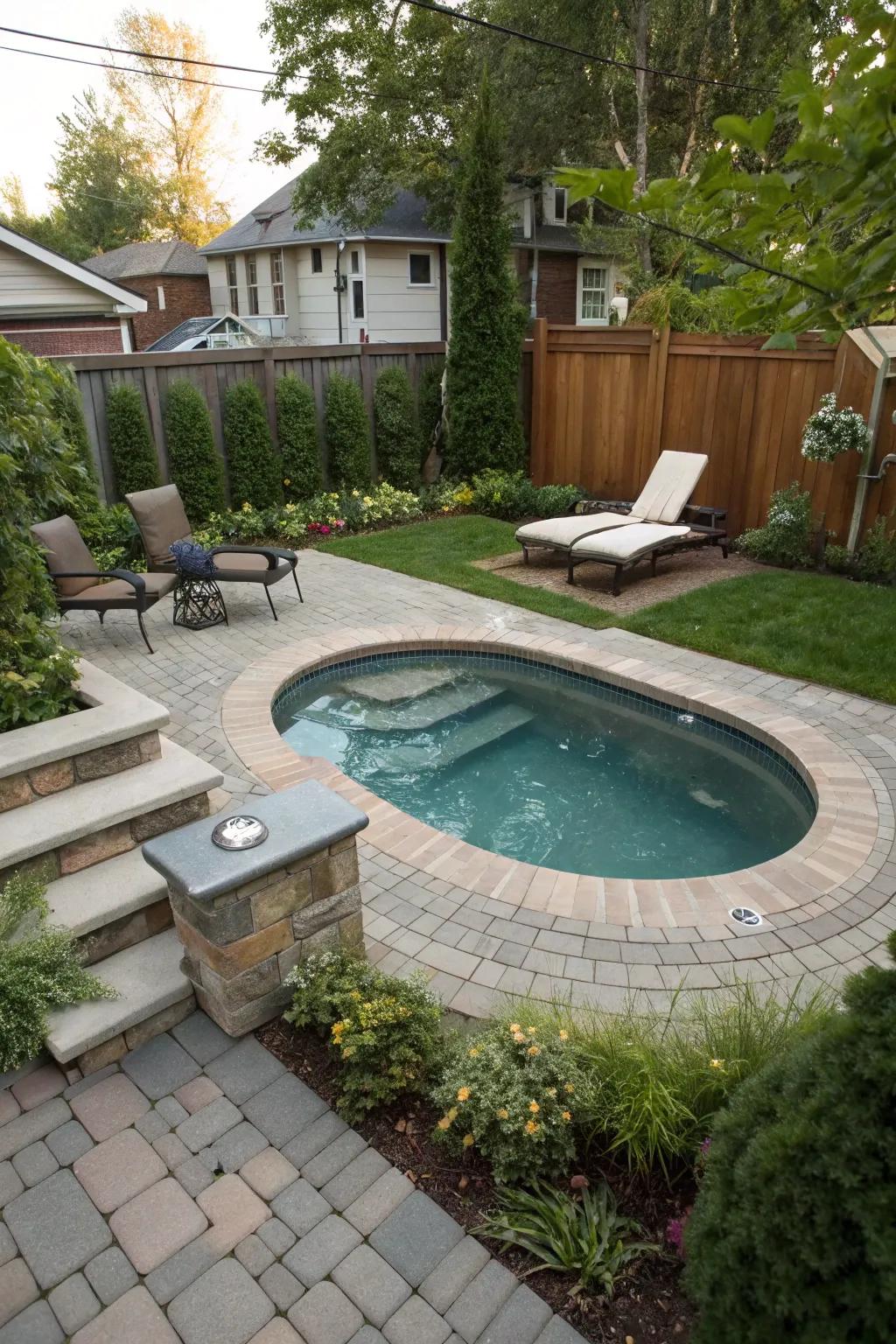 A multi-functional pool zone with an integrated hot tub maximizes utility and enjoyment.