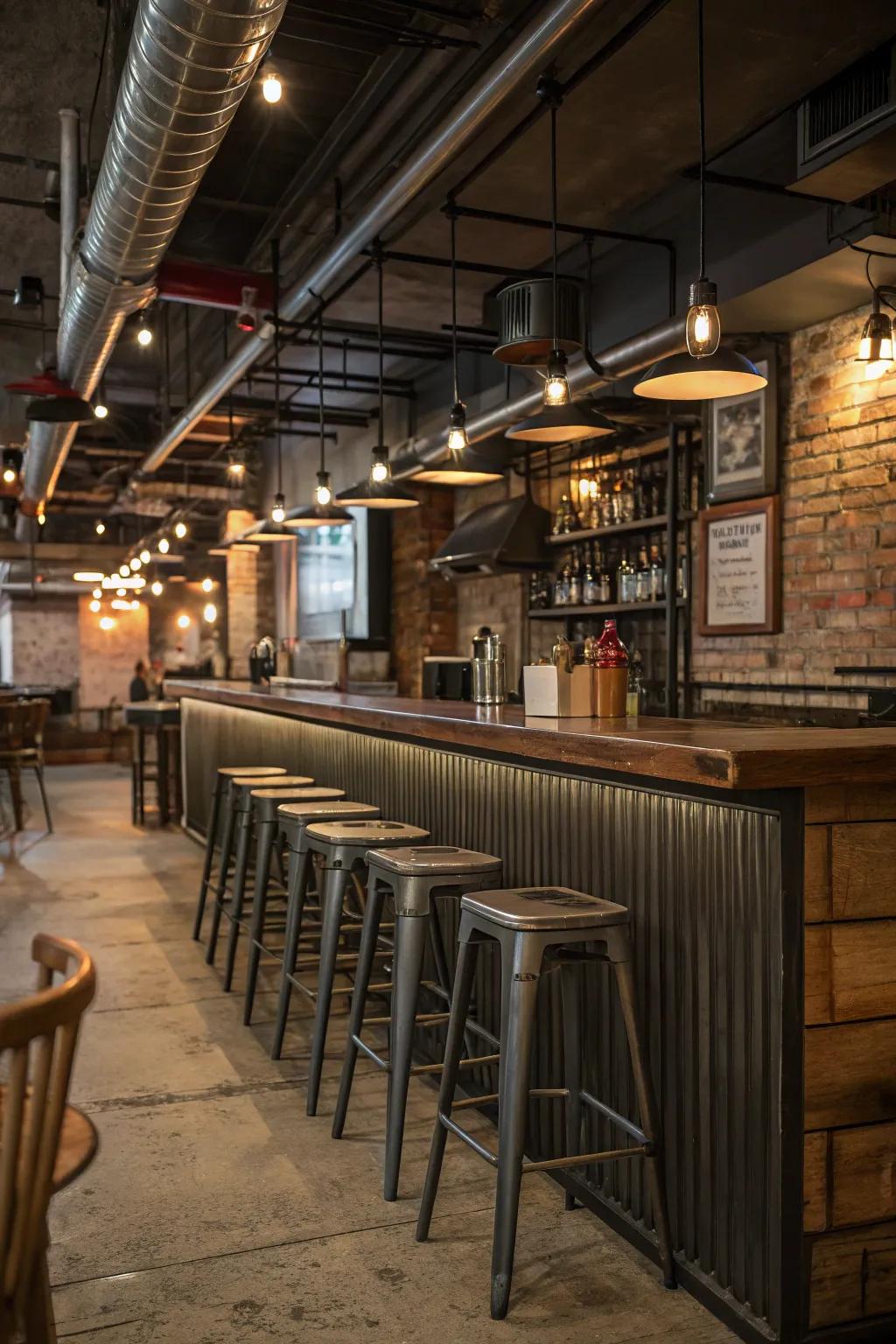 Urban elements adding a trendy edge to a cozy restaurant bar.
