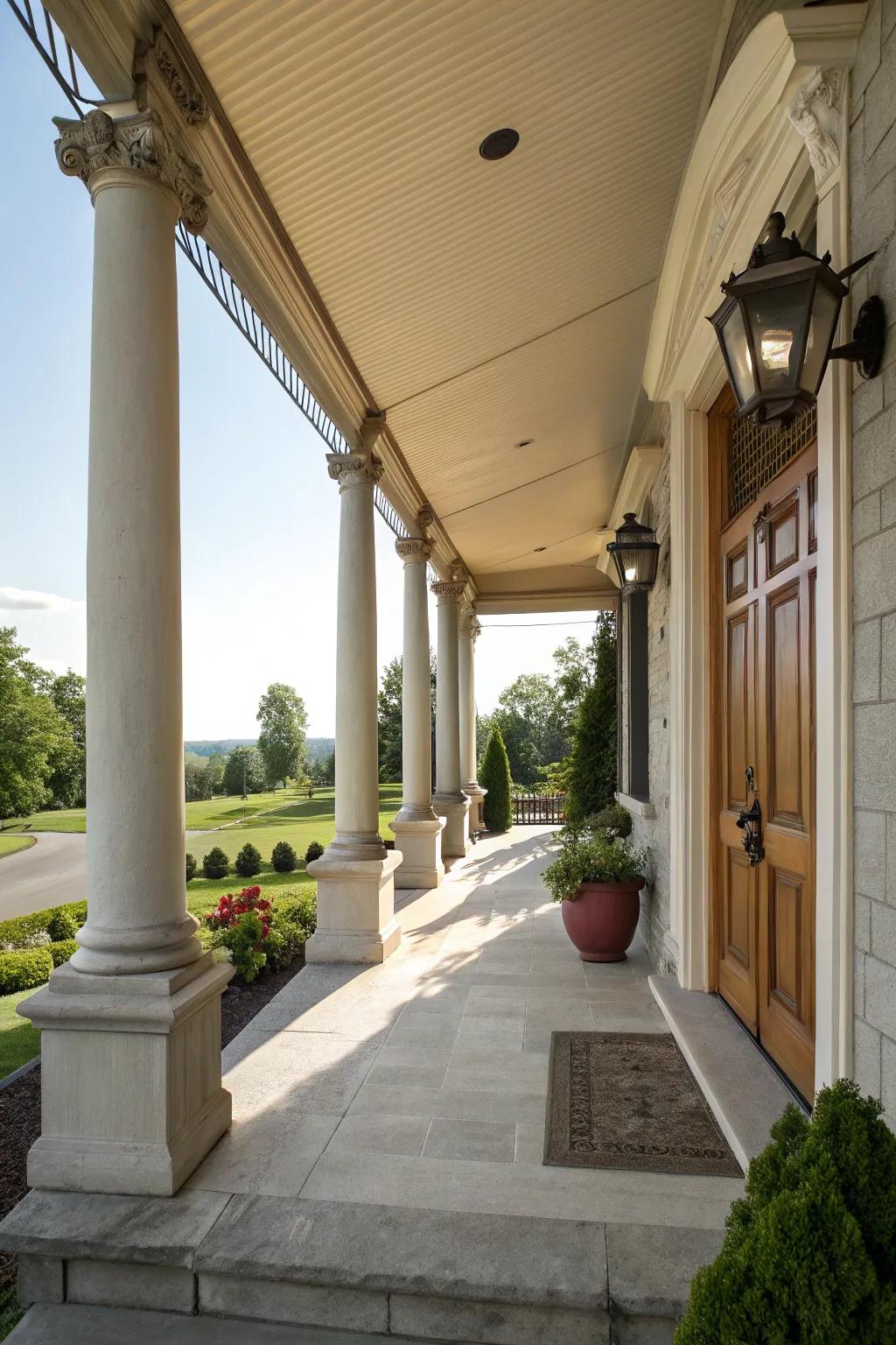 Side porch highlighting structural pillars and a protective awning.