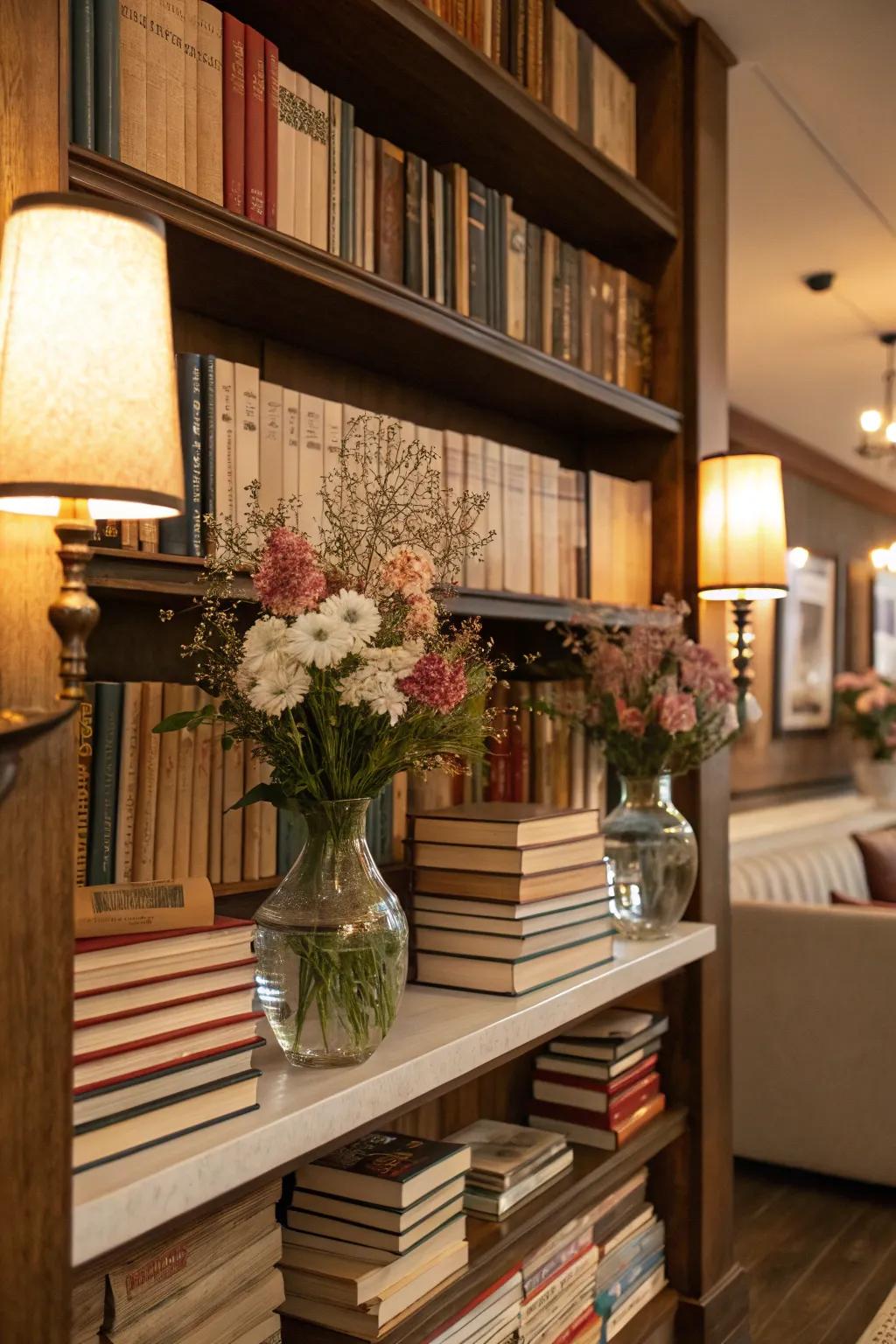 Books and flowers meet to fashion a cozy and intellectual vibe.