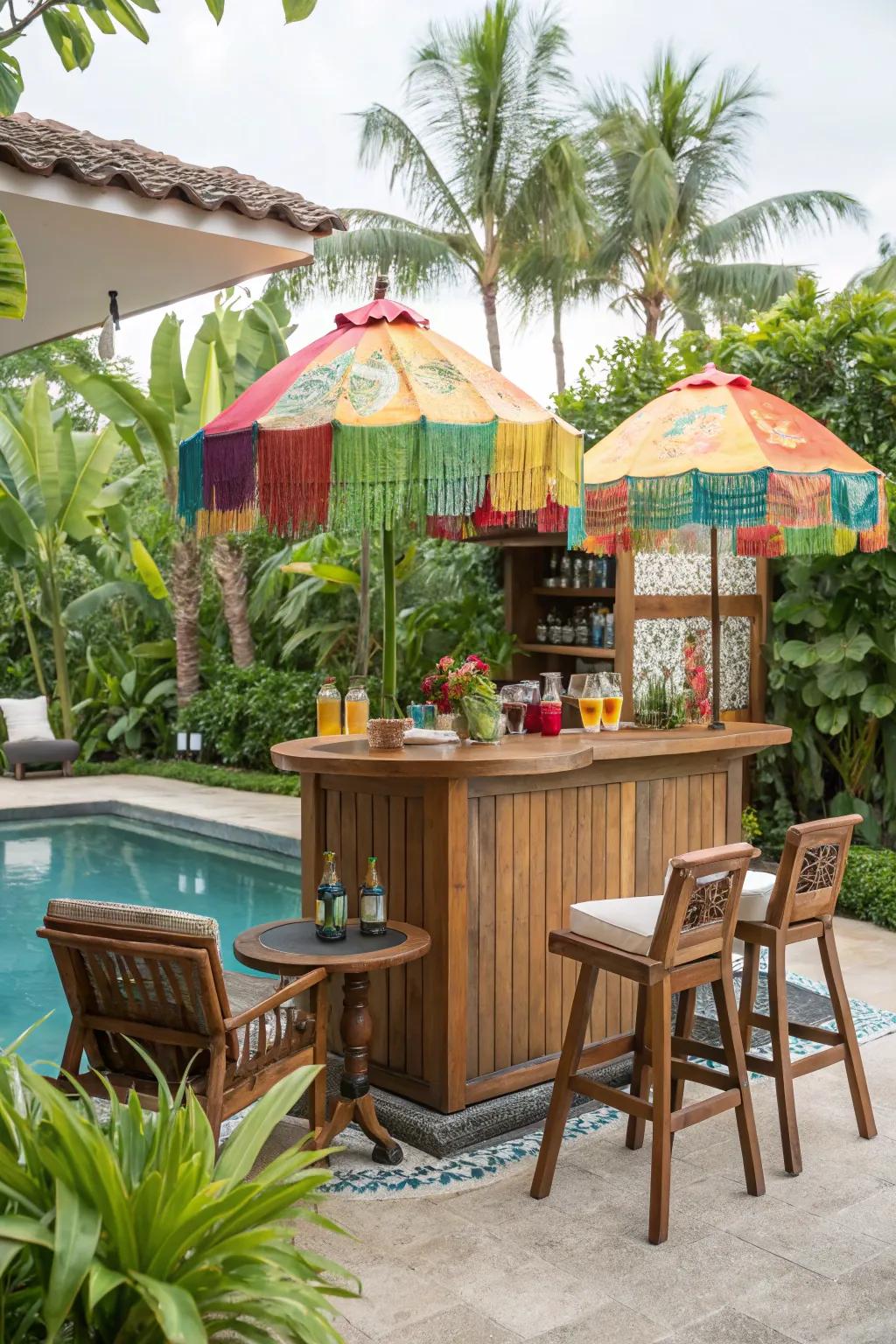 A poolside counter introduces a sociable and enjoyable component to your tropical hideaway.