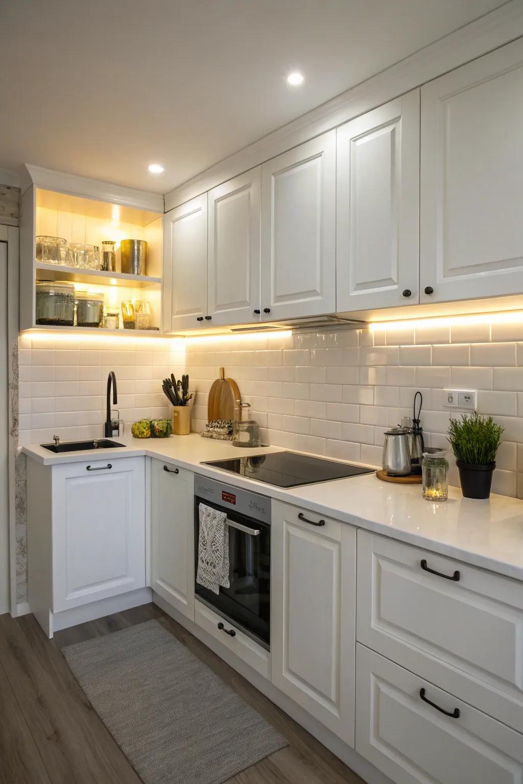 Practical lighting enhances workspace and ambiance.