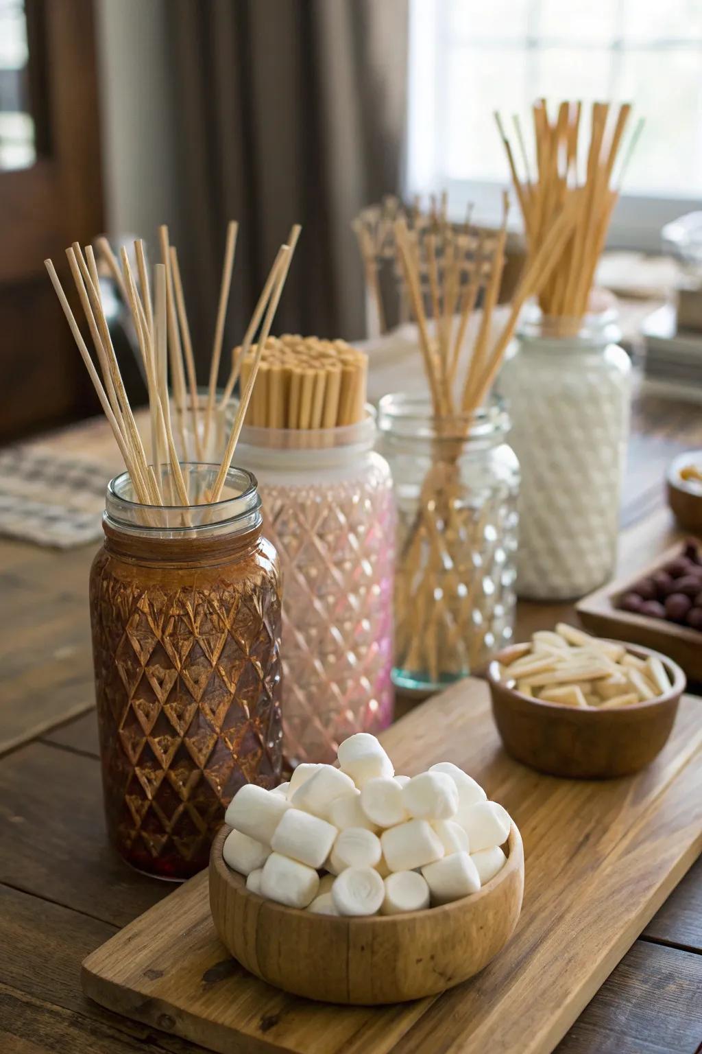 Chic skewer arrangements can enhance the overall look of your s'mores bar.