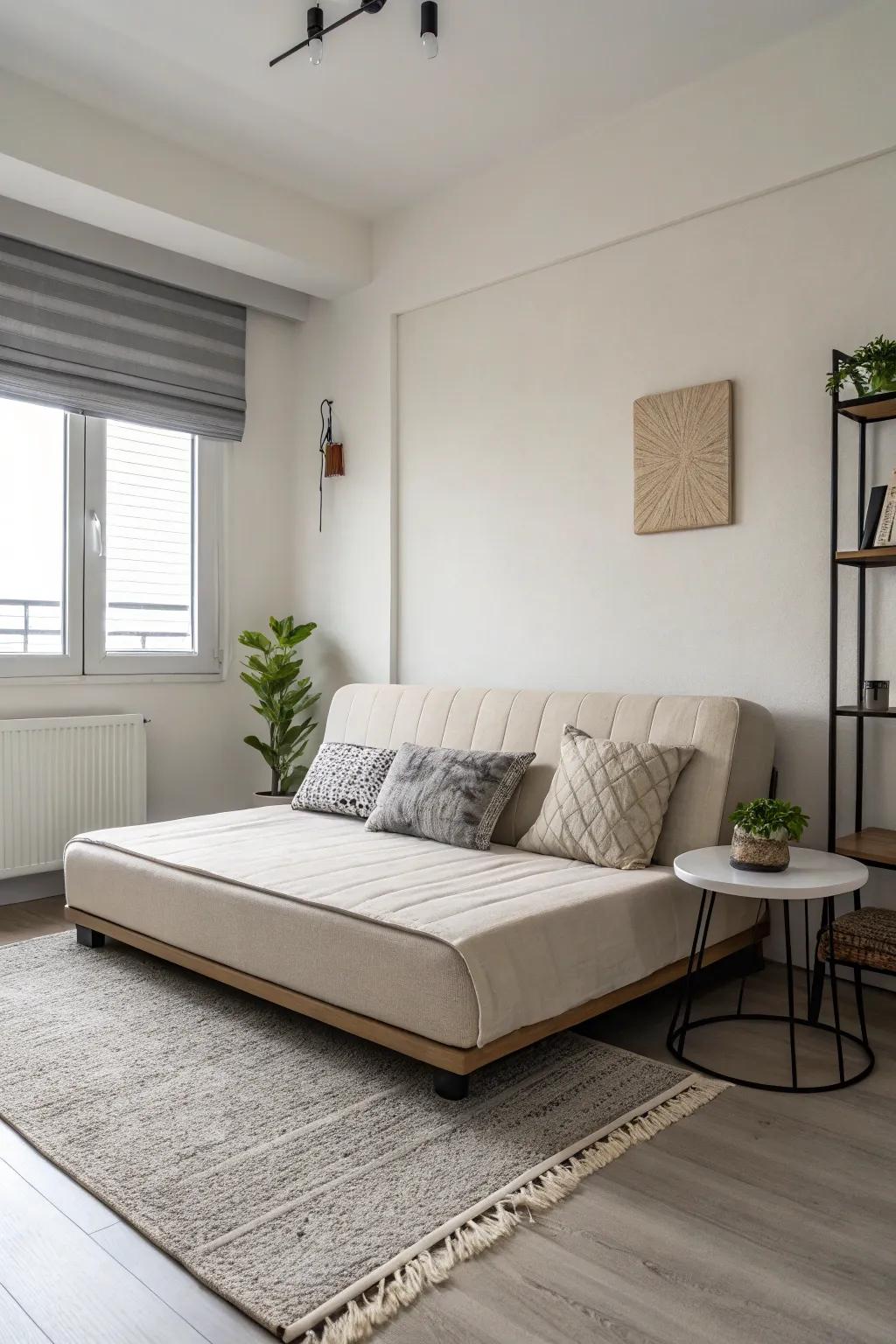 A minimalist bedroom exudes simplicity and elegance.