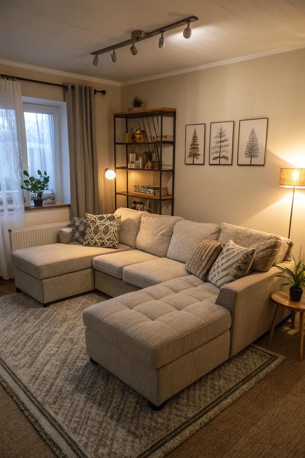 An adaptable couch presenting customizable seating within a petite living area.
