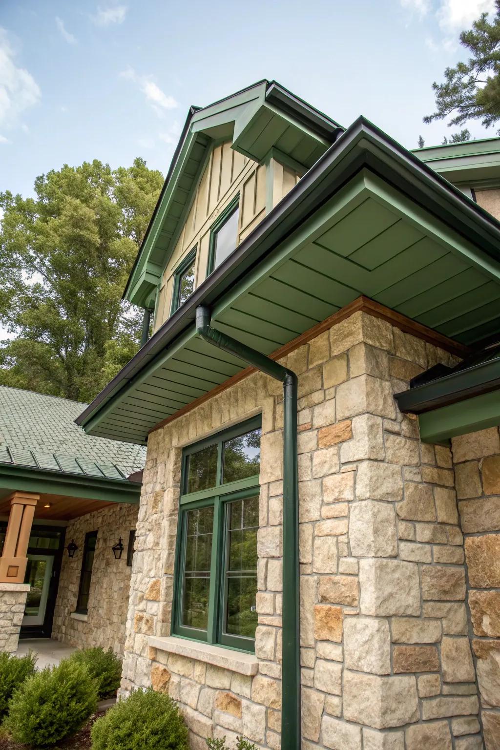 Verdant soffit and fascia blend beautifully with natural stone.