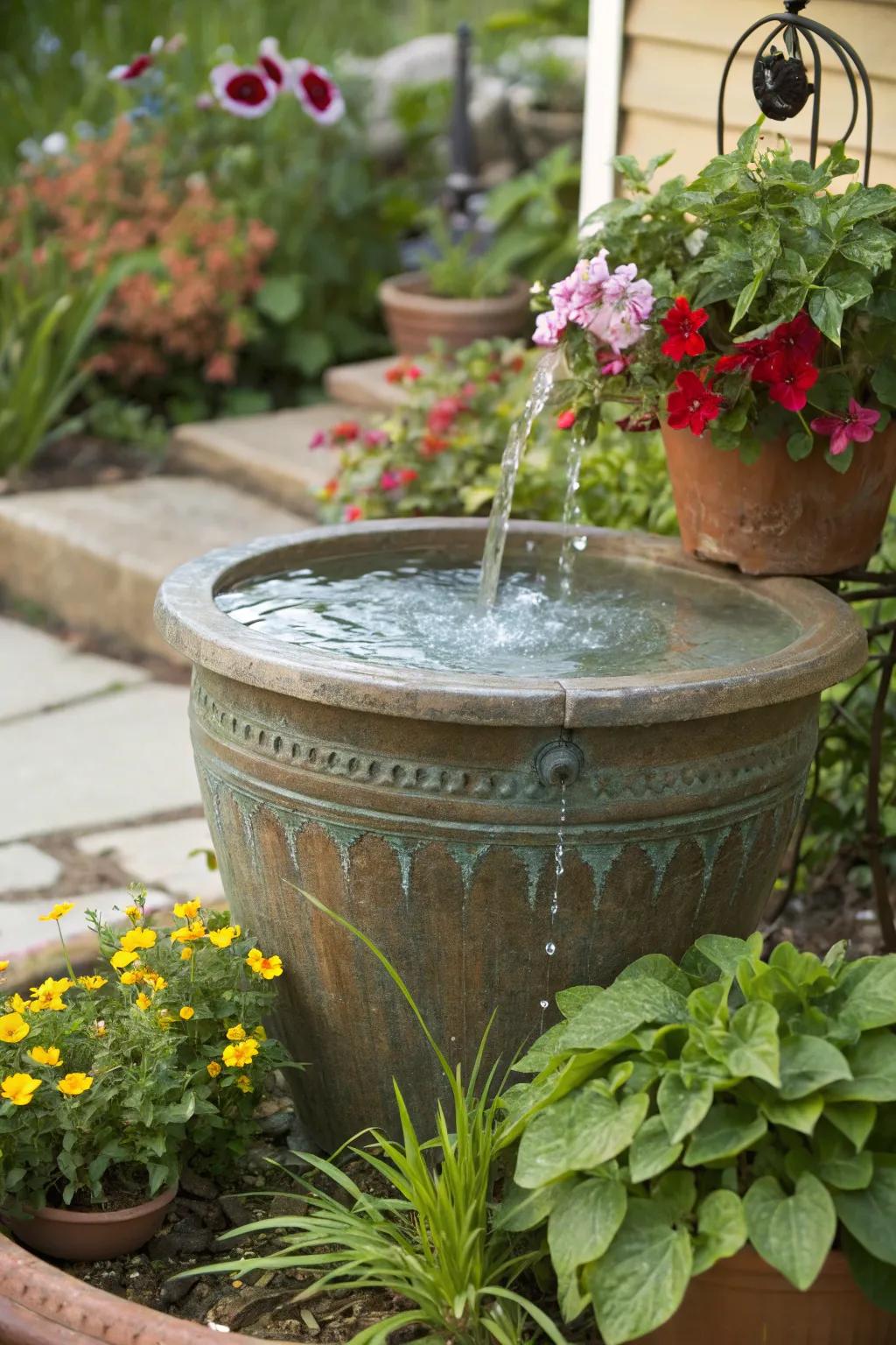 An old container repurposed into a charming sun-powered fountain.
