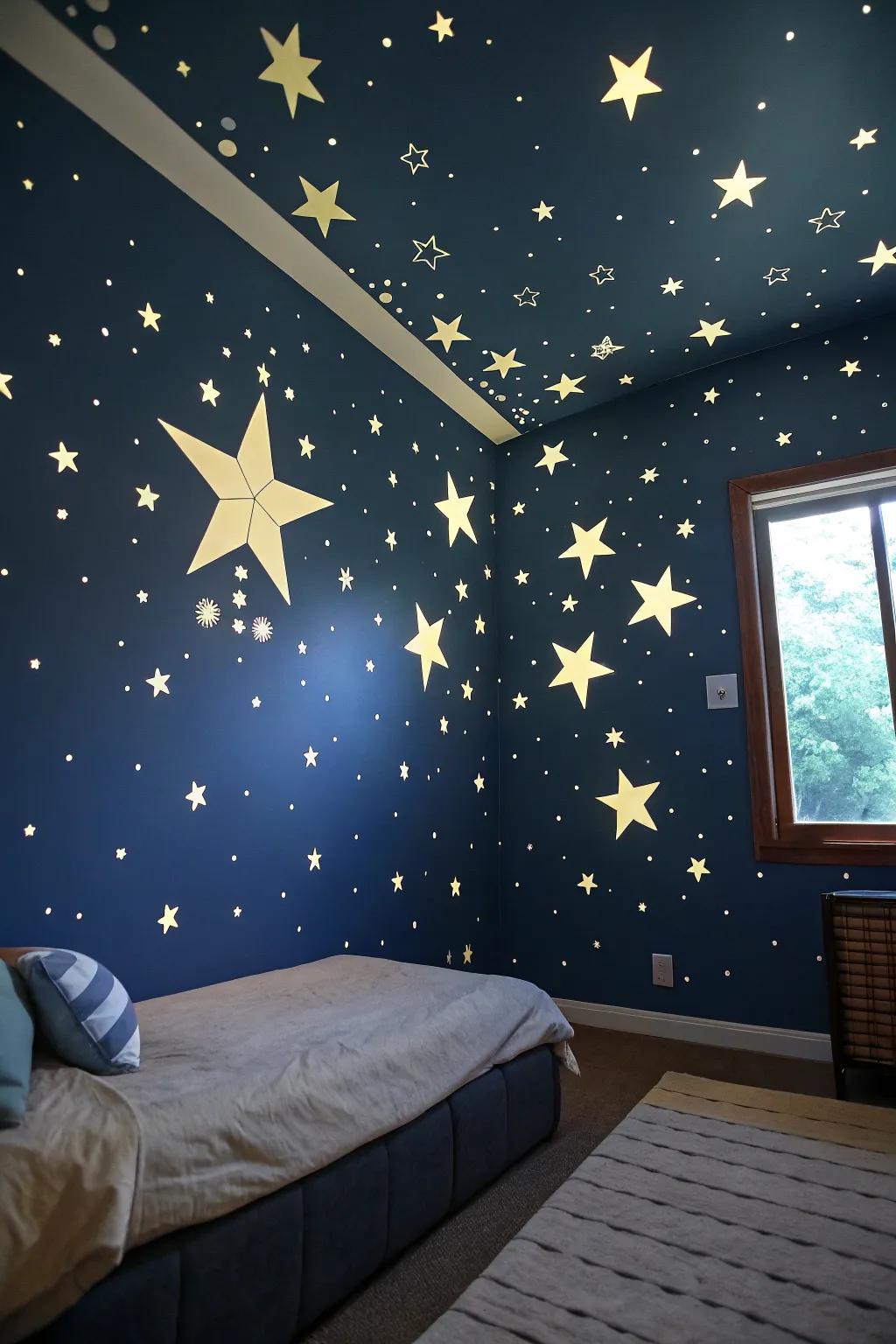 A dark color scheme with star accents creates depth.