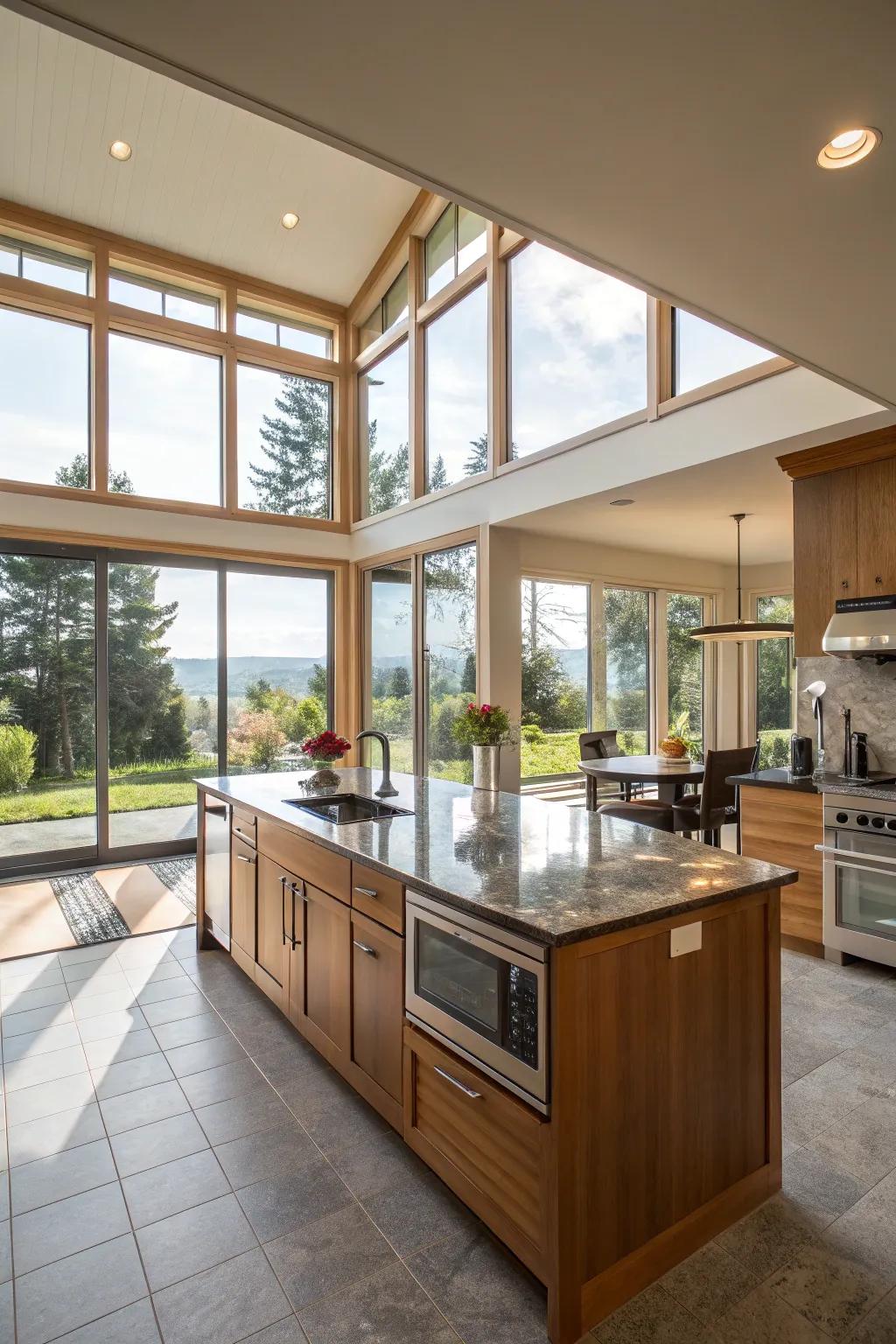 An unrestricted arrangement and expansive windows fashion an airy and inviting cooking space.