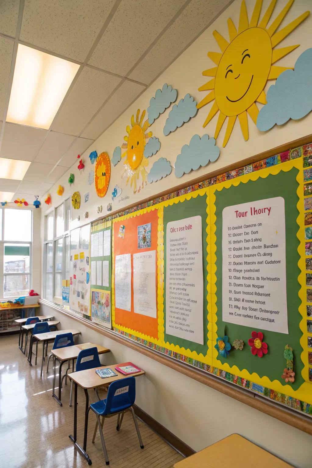 Spring verses glow under a bright bulletin board sky.