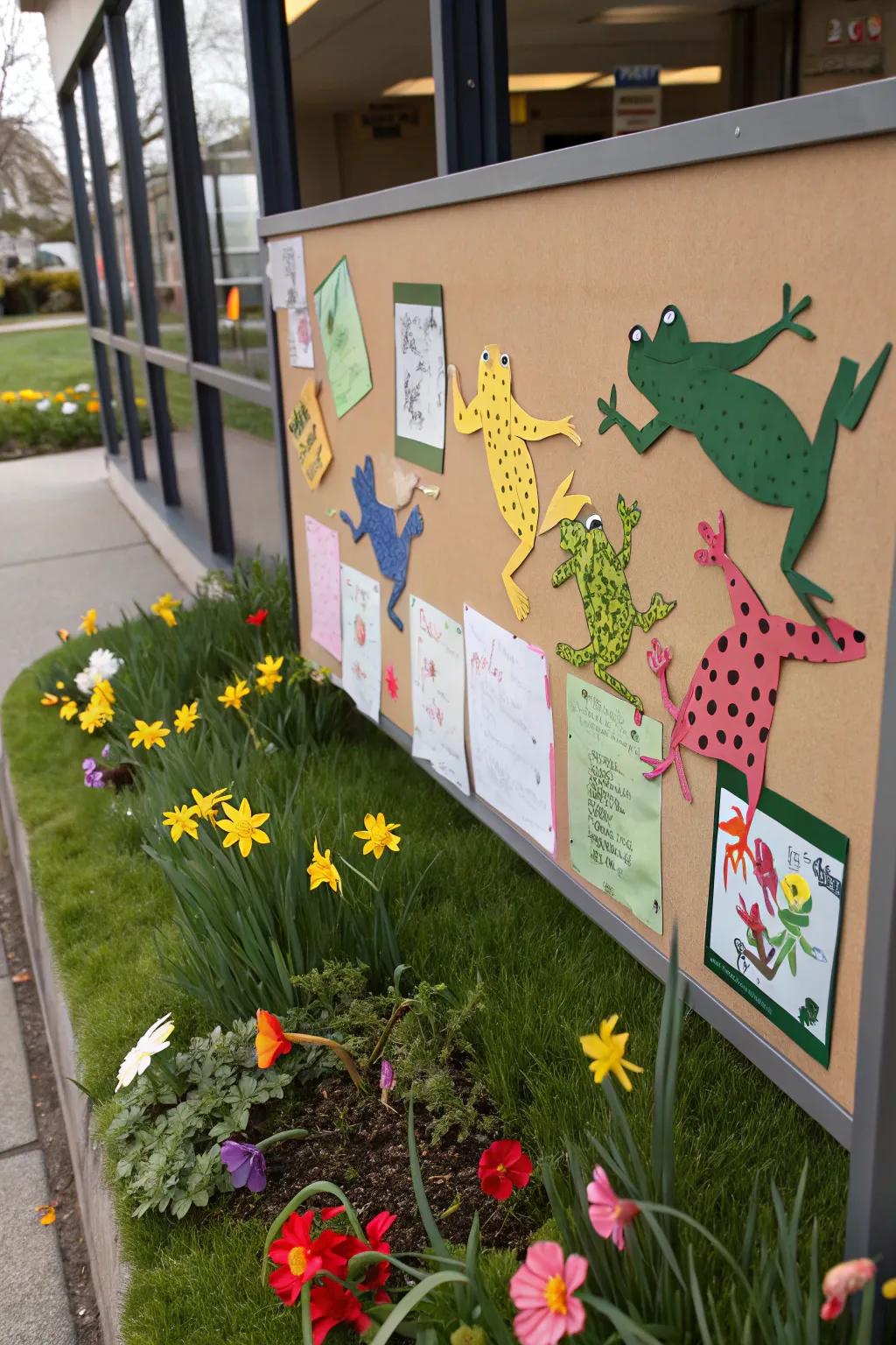 Playful frogs bringing energy to the spring bulletin board.