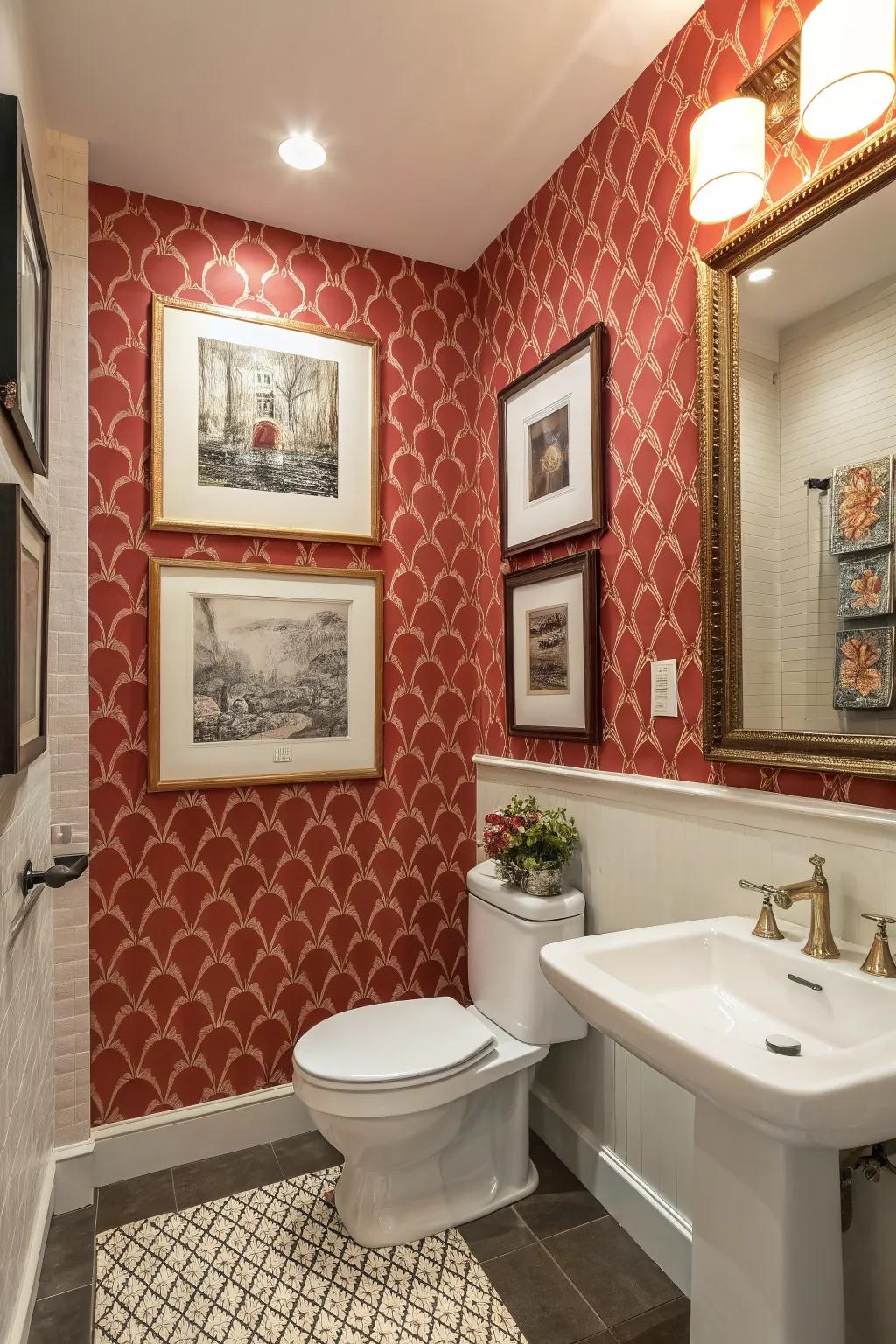 A highlighted wall and artwork give a fashionable touch to the workplace restroom.