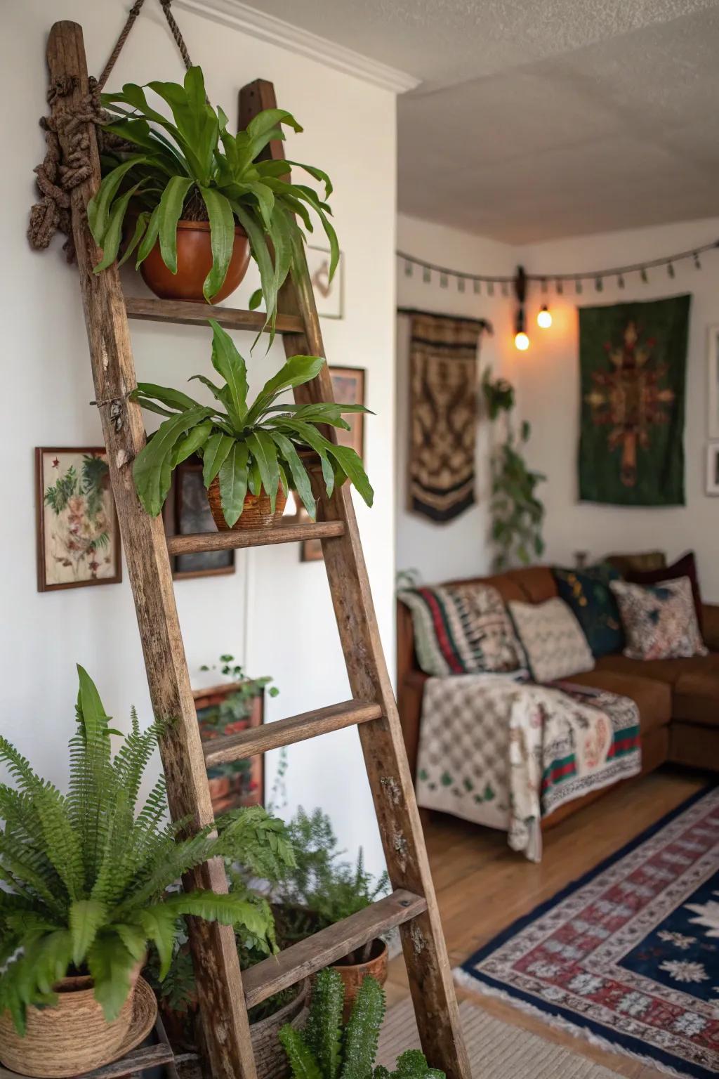 A wooden ladder presents a distinctive and ornamental approach to exhibiting staghorn ferns.