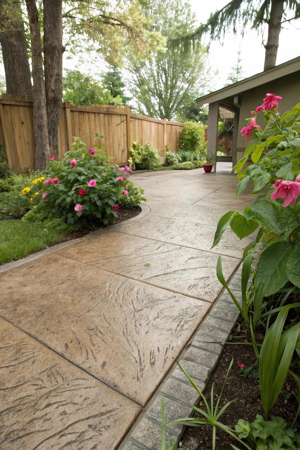 A textured patio with a broomed finish, enhancing depth and allure.