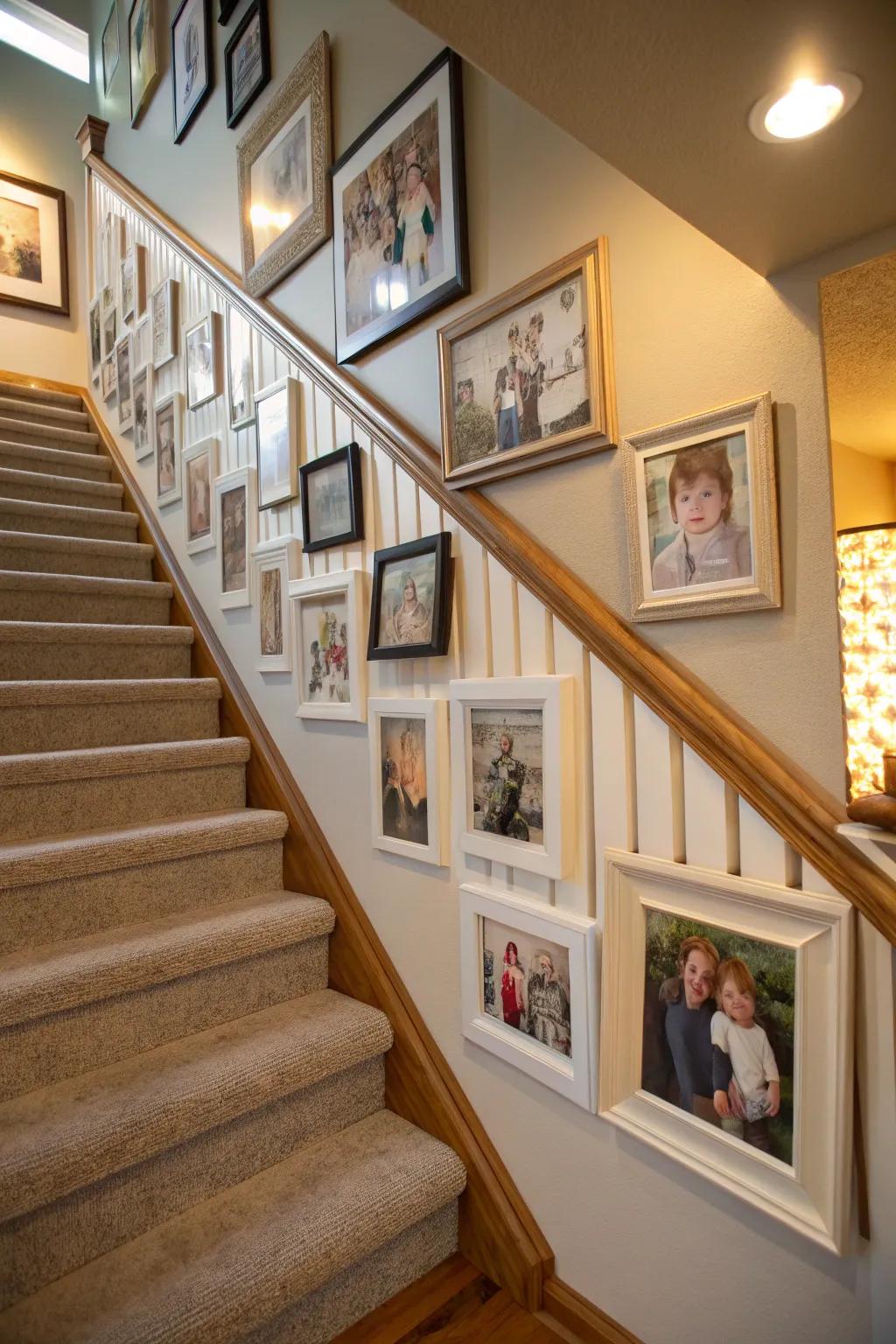 A mini-gallery in your stair area can give the space a more personal and cozy feel.
