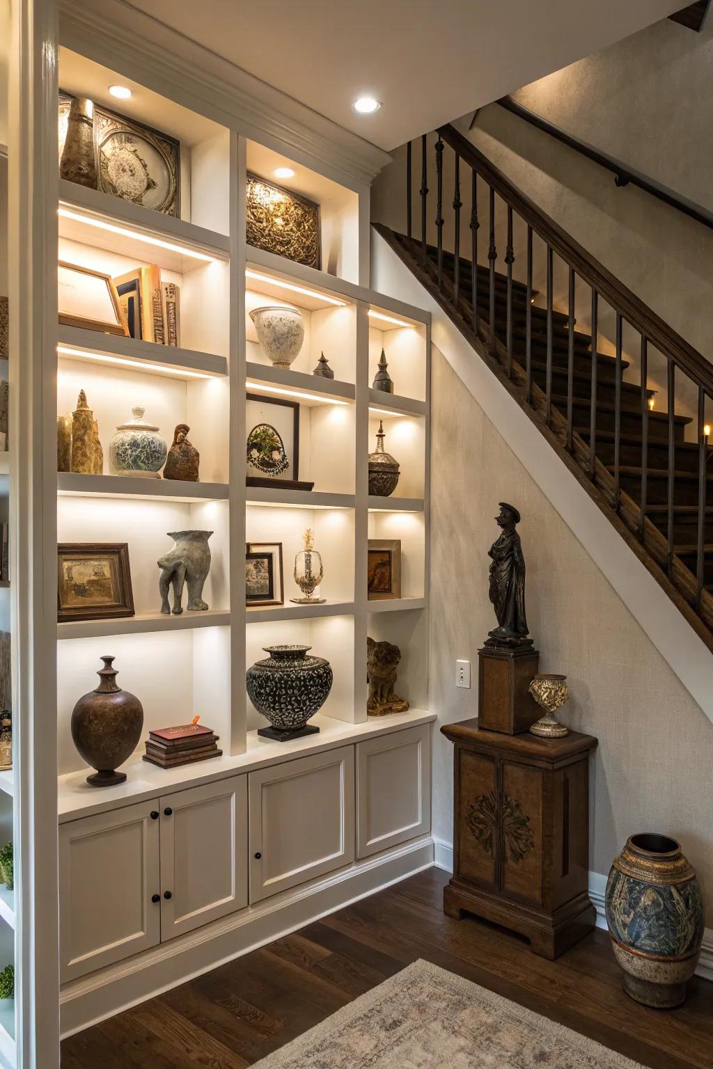 Show off your style with display shelves under the stairs.