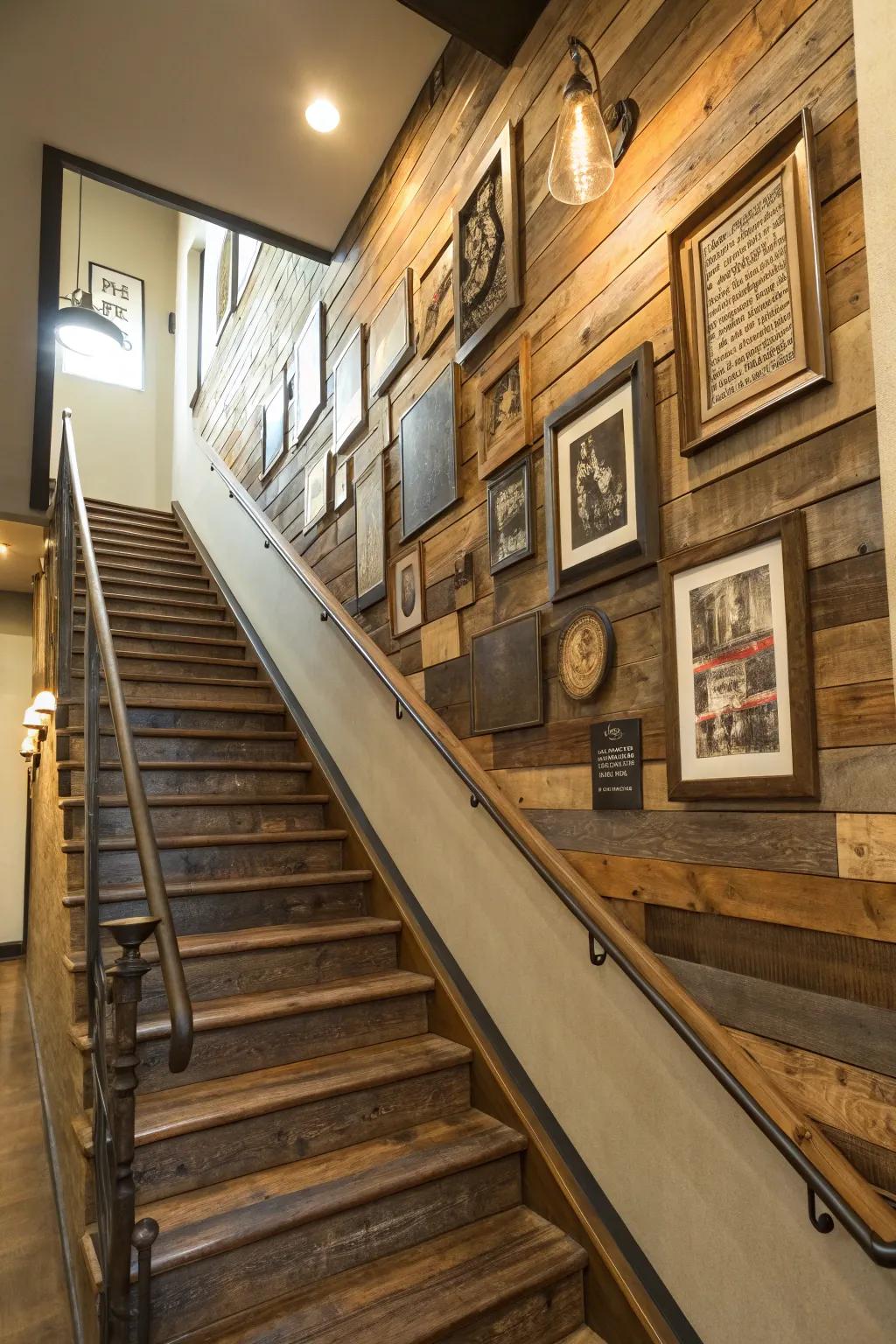 Integrated media designs introduce a distinctive, layered aesthetic to staircase walls.