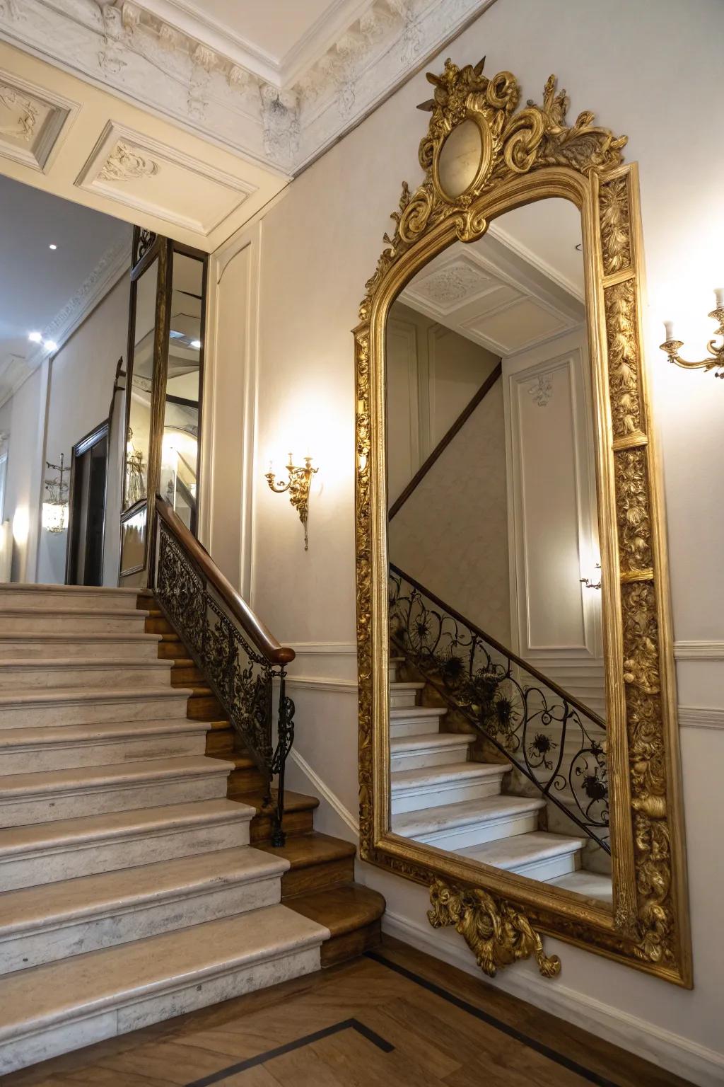 Reflect light and style with statement mirrors on your staircase.