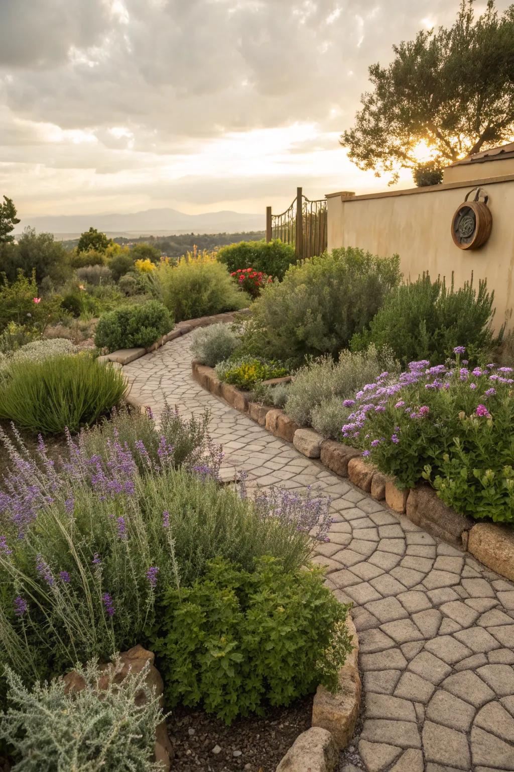 Herb garden featuring Mediterranean cobblestone stamped concrete border
