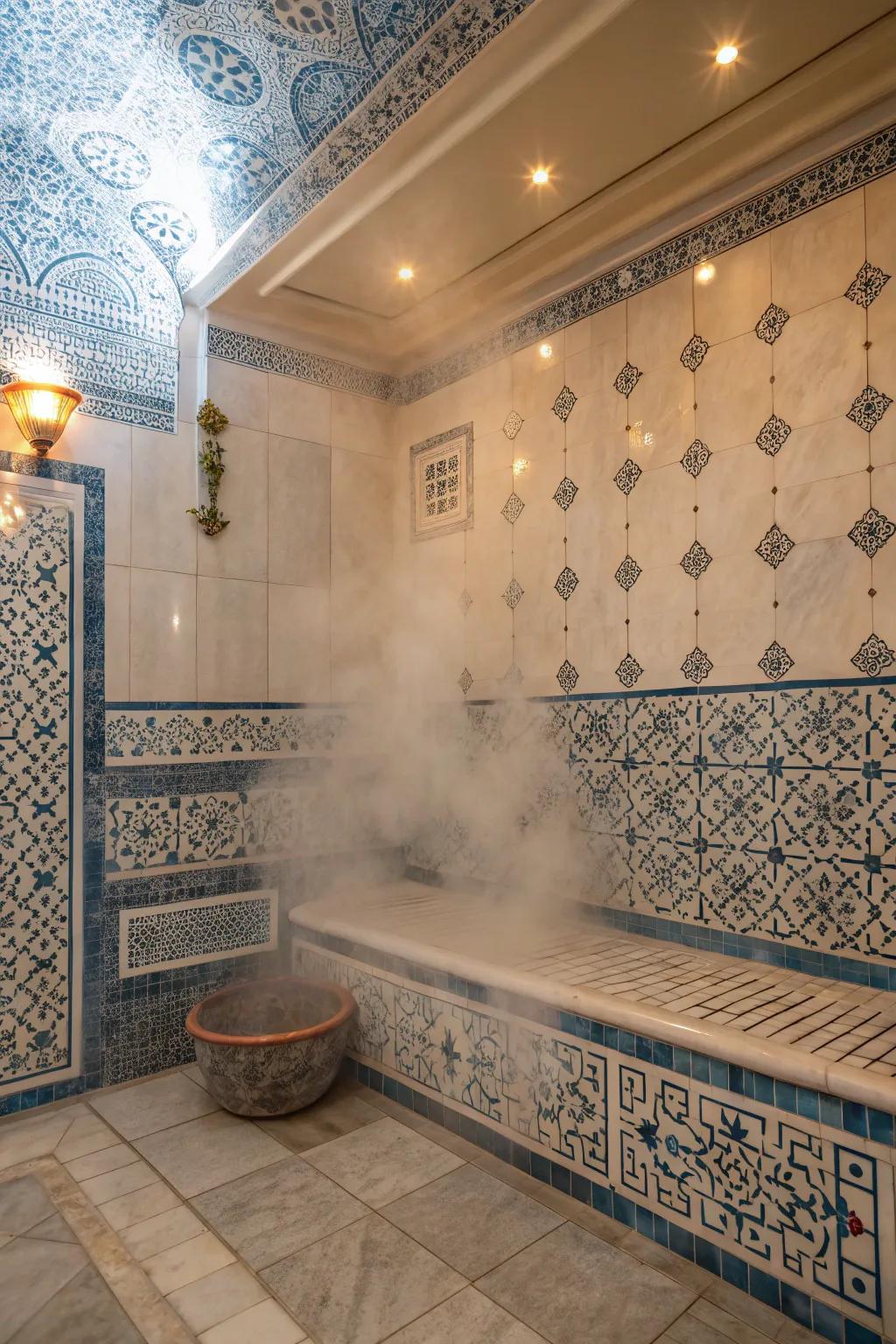 Embellished tiles introduce persona and visual fascination to steam showers.