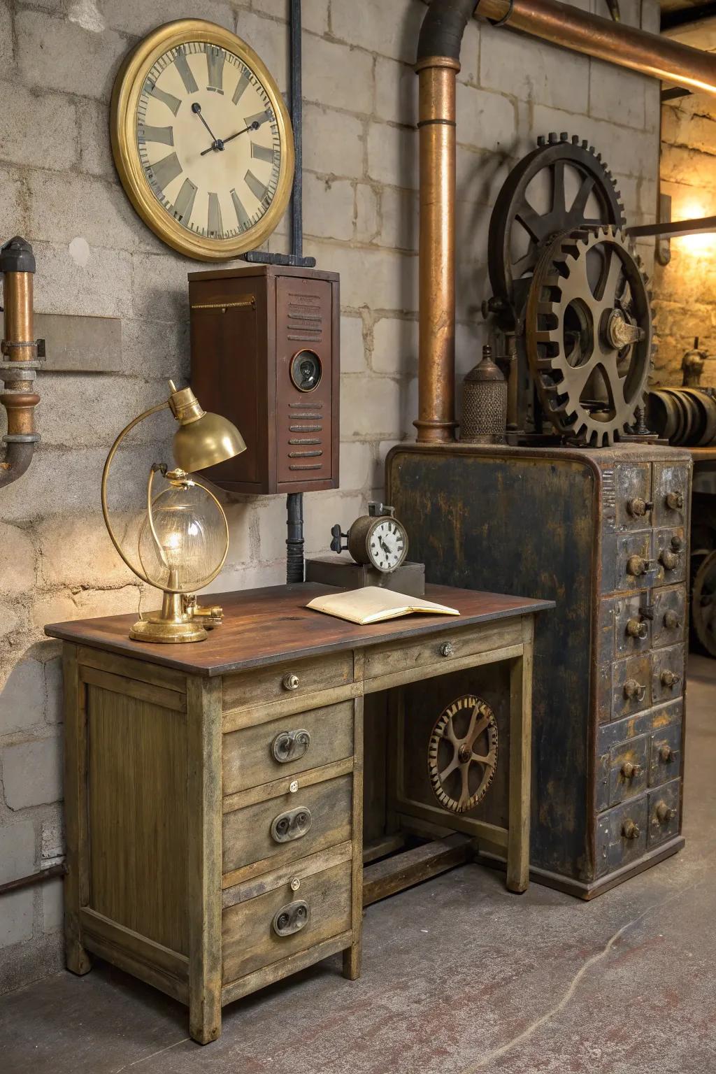Aged textures provide this steampunk interior a rich, historical feel.