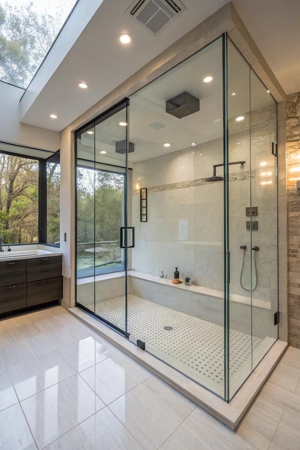A split-level shower utilizing open-plan crystal enclosures to create a spacious impression.